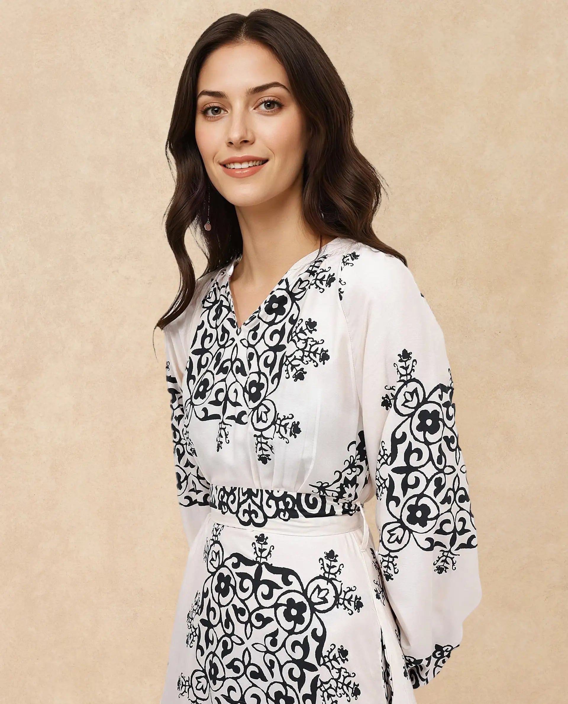 Rareism Women's Myra Off White Cotton Mandarin Collar Abstract Print Raglan Sleeve Maxi Fit And Flare Dress