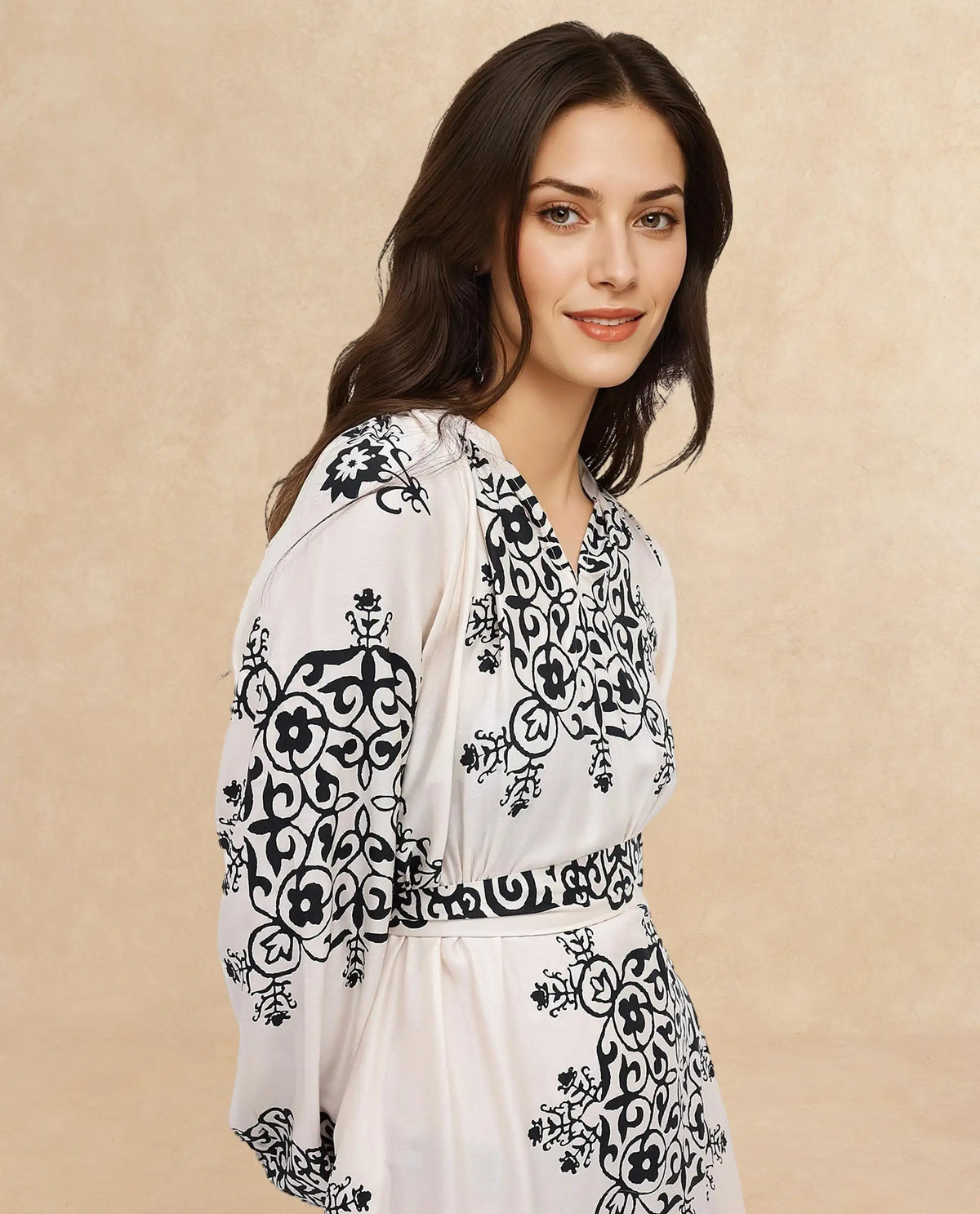 Rareism Women Myra Off White Cotton Fabric Full Sleeve V-Neck Floral Print A-Line Longline Dress