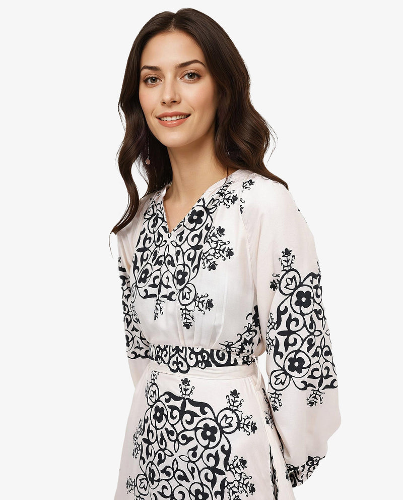 Rareism Women Myra Off White Cotton Fabric Full Sleeve V-Neck Floral Print A-Line Longline Dress