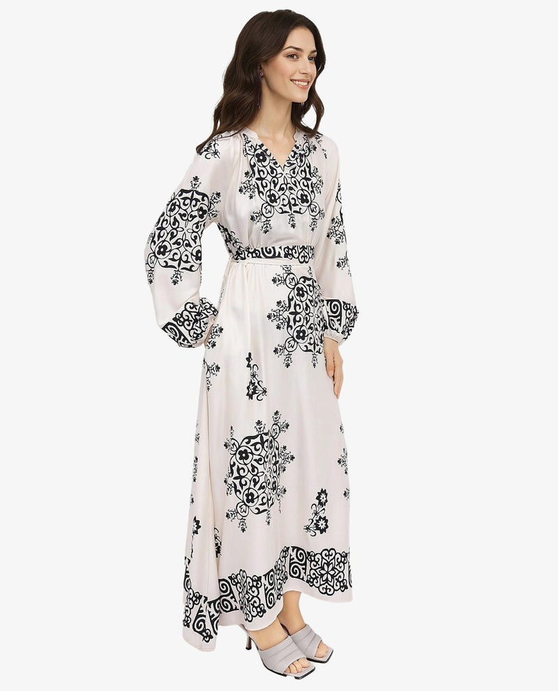 Rareism Women Myra Off White Cotton Fabric Full Sleeve V-Neck Floral Print A-Line Longline Dress