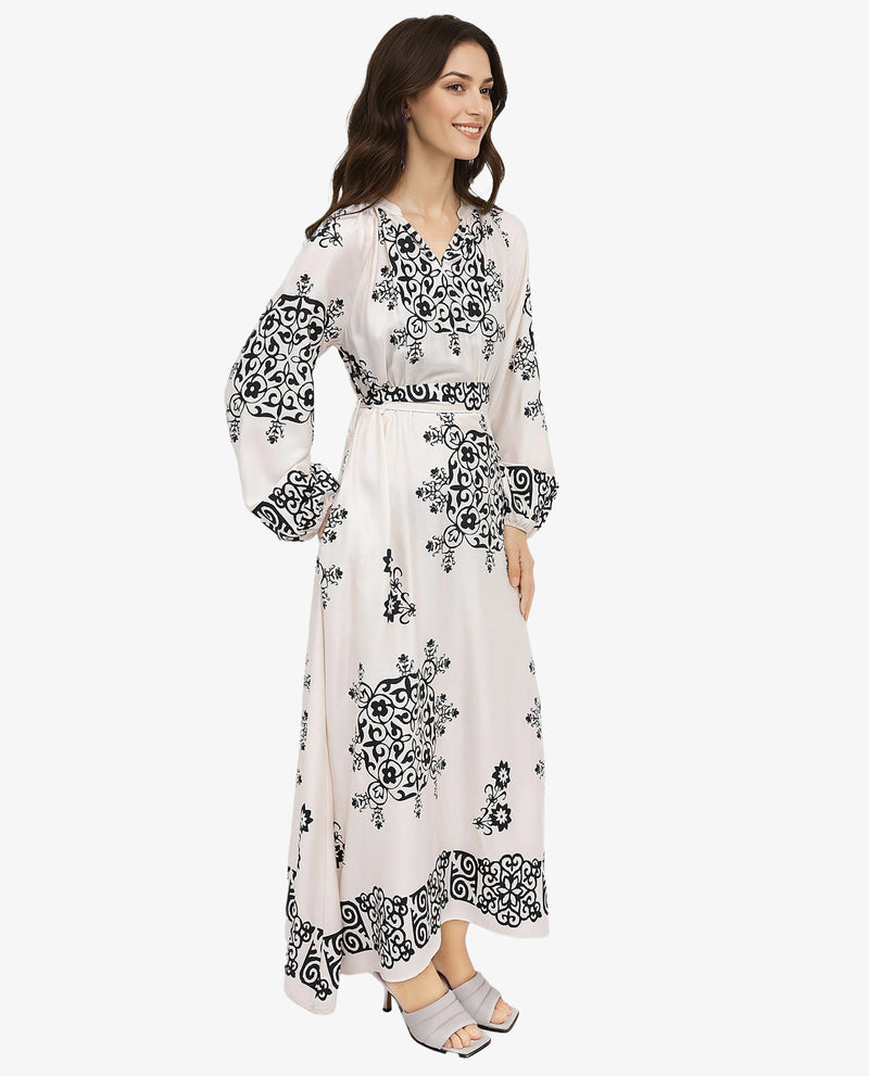 Rareism Women'S Myra Off White Cotton Fabric Full Sleeve V-Neck Floral Print A-Line Longline Dress
