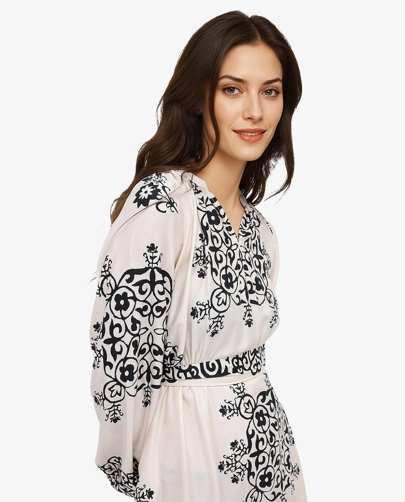 Rareism Women Myra Off White Cotton Fabric Full Sleeve V-Neck Floral Print A-Line Longline Dress