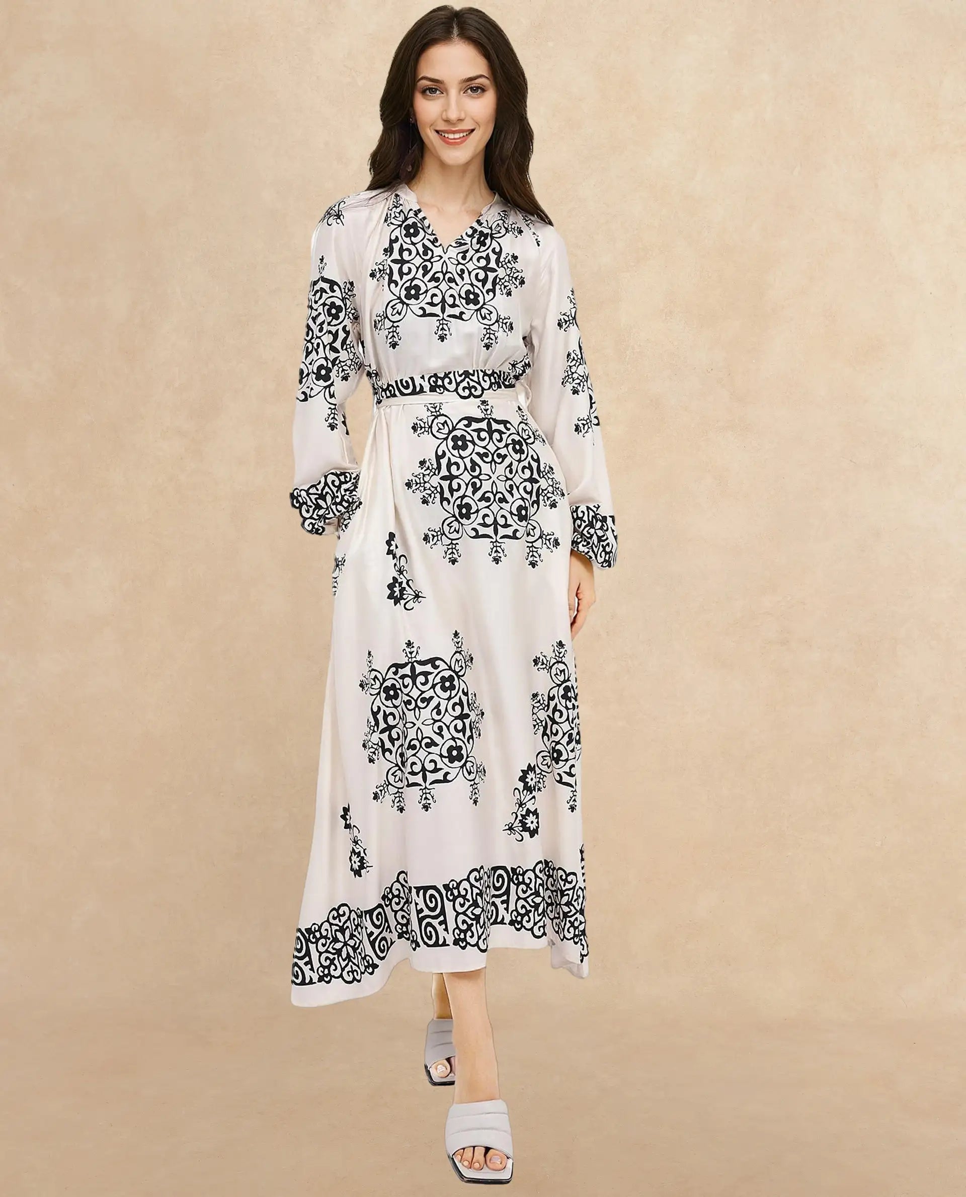 Rareism Women's Myra Off White Cotton Mandarin Collar Abstract Print Raglan Sleeve Maxi Fit And Flare Dress