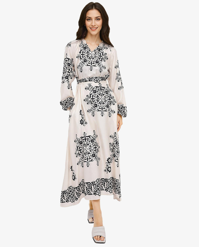 Rareism Women Myra Off White Cotton Fabric Full Sleeve V-Neck Floral Print A-Line Longline Dress