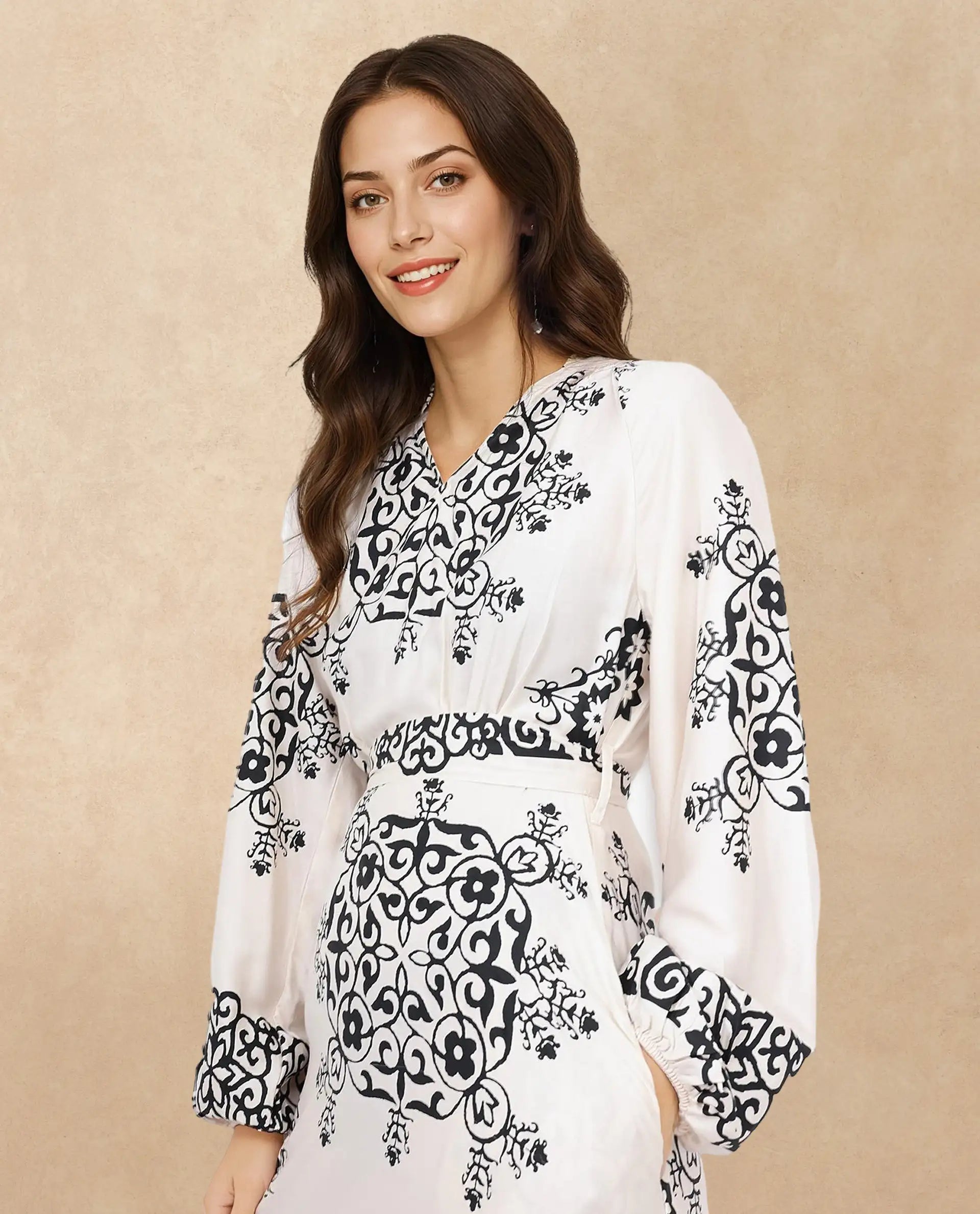 Rareism Women's Myra Off White Cotton Mandarin Collar Abstract Print Raglan Sleeve Maxi Fit And Flare Dress