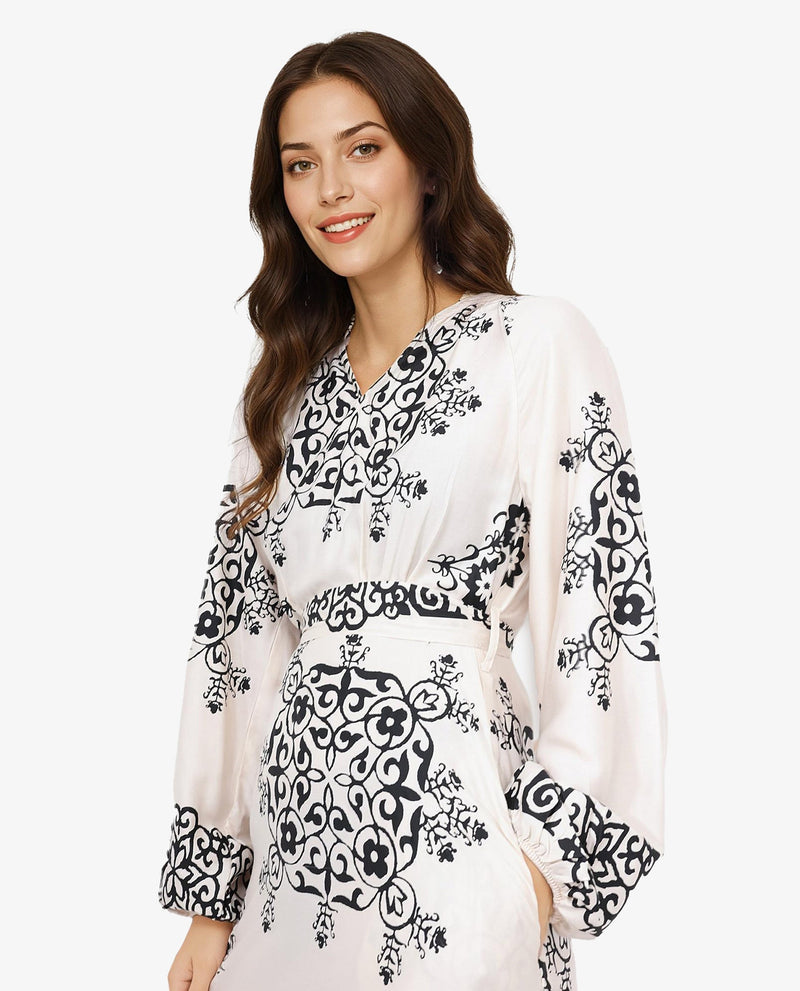 Rareism Women Myra Off White Cotton Fabric Full Sleeve V-Neck Floral Print A-Line Longline Dress