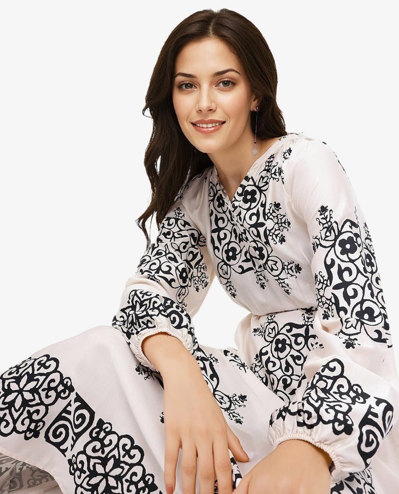 Rareism Women Myra Off White Cotton Fabric Full Sleeve V-Neck Floral Print A-Line Longline Dress