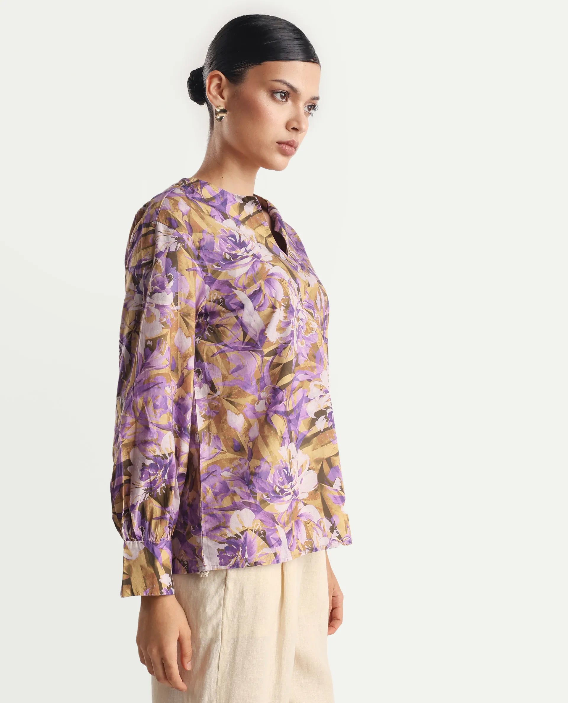 Rareism Women's Myrtong Multi Cotton Crew Neck Floral Print Cuffed Sleeve Regular Fit Top
