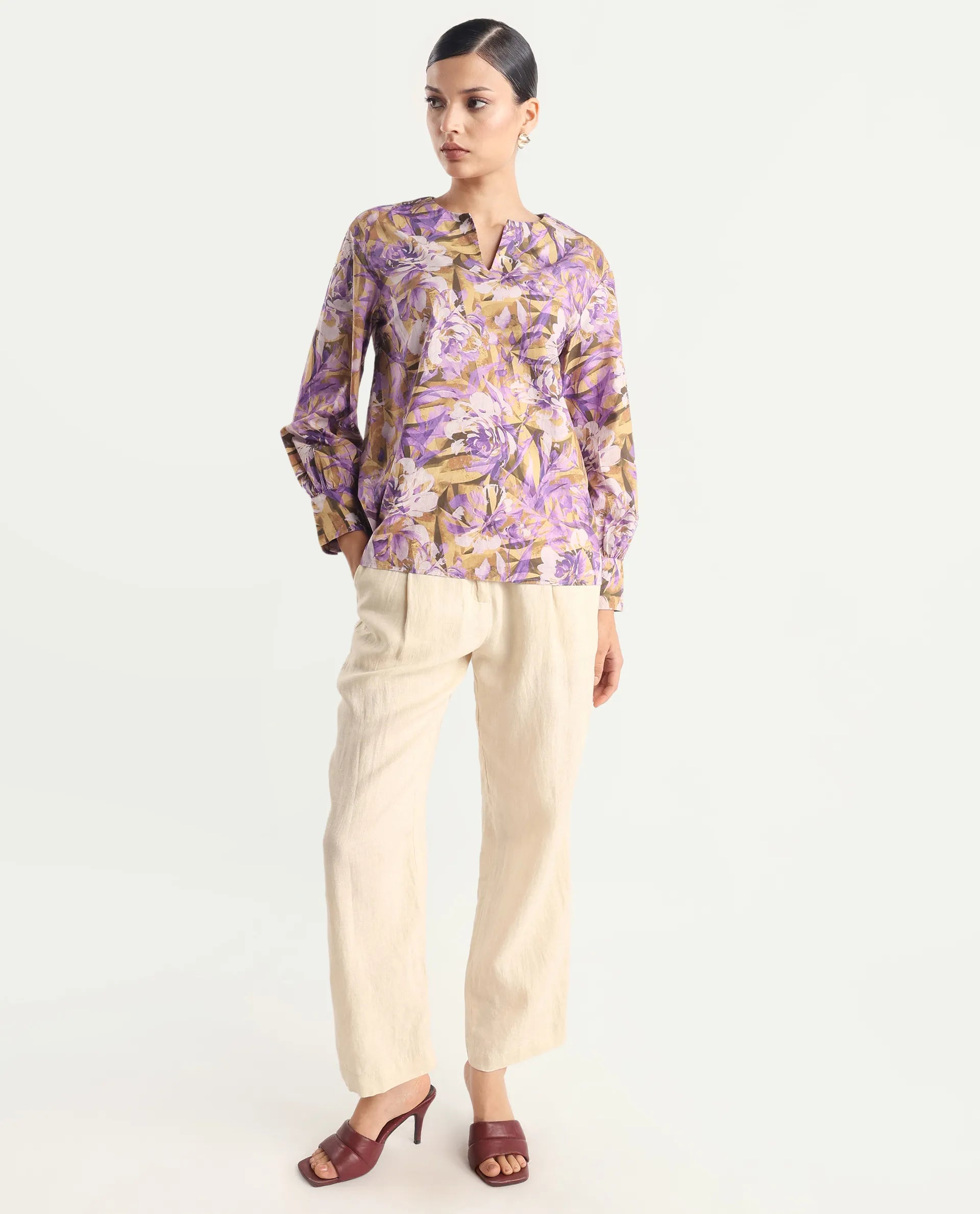 Rareism Women's Myrtong Multi Cotton Crew Neck Floral Print Cuffed Sleeve Regular Fit Top