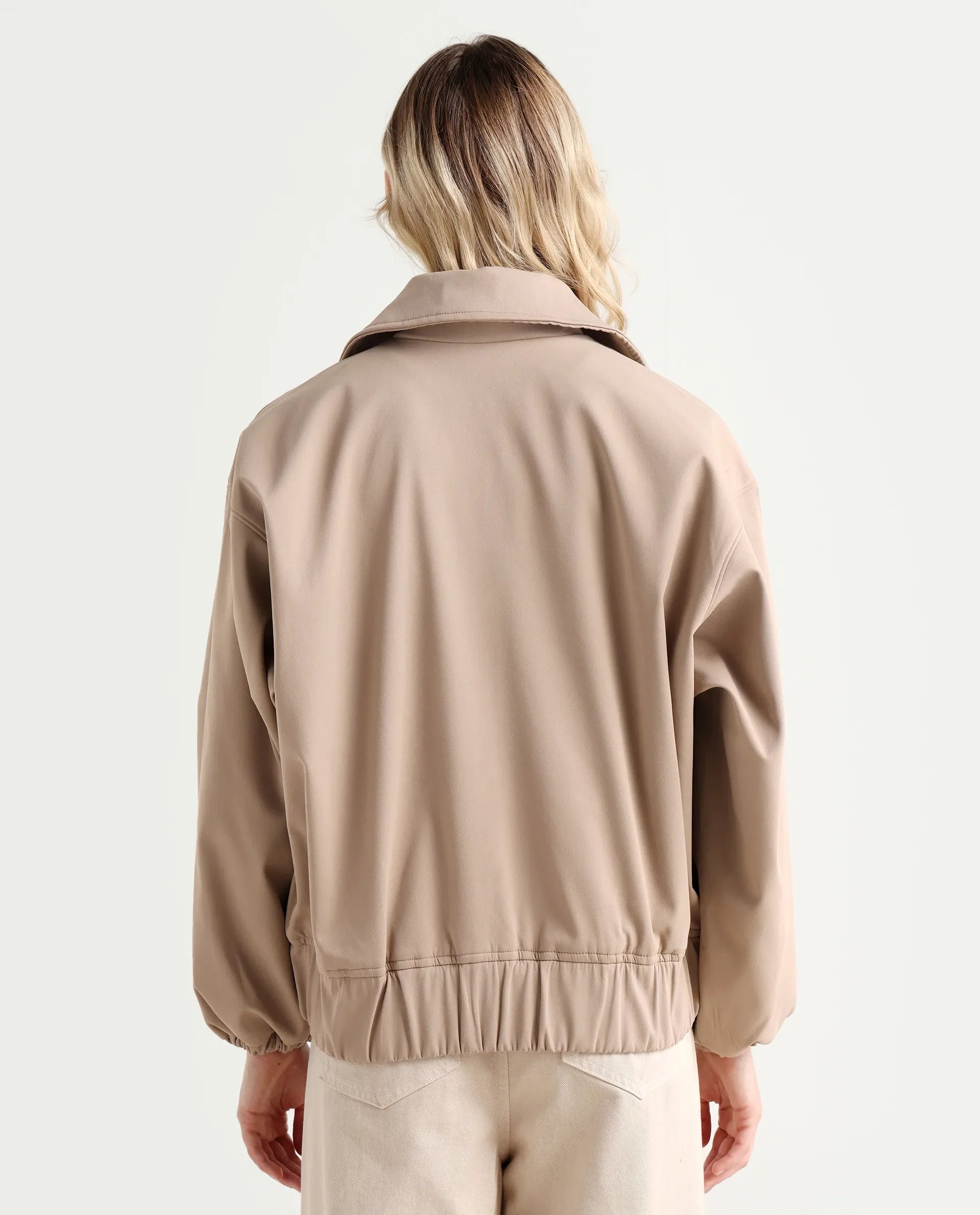 Rareism Women's Nacam Beige Polyester Collared Neck Relaxed Plain Jacket