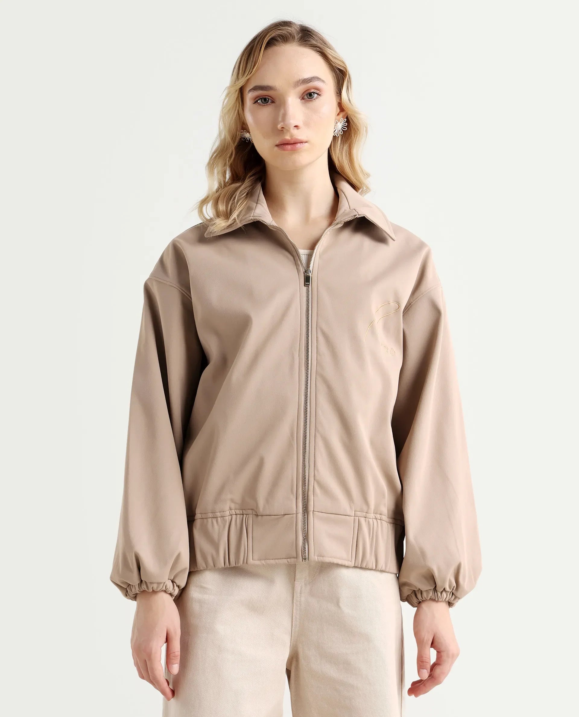 Rareism Women's Nacam Beige Polyester Collared Neck Relaxed Plain Jacket