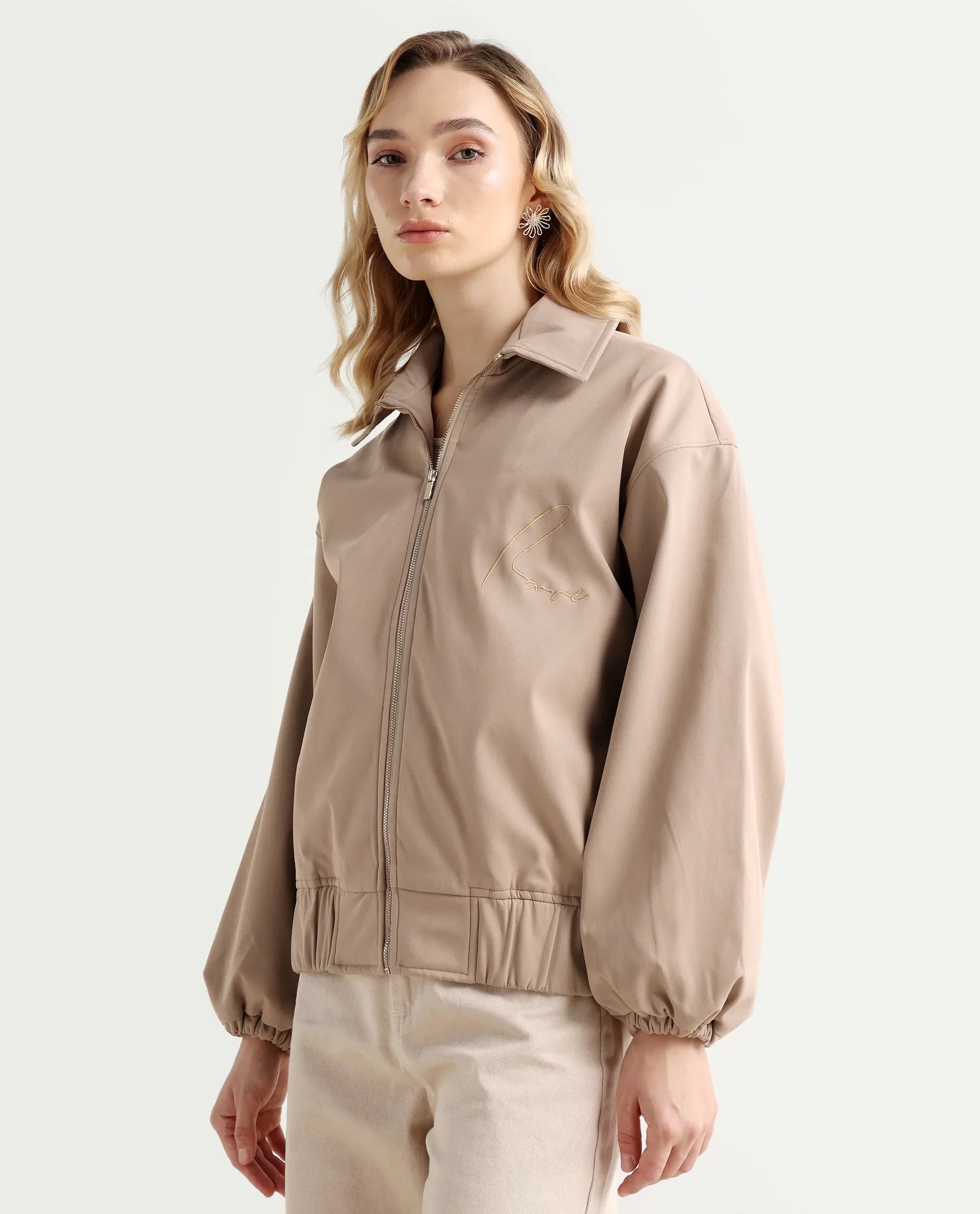 Rareism Women's Nacam Beige Polyester Collared Neck Relaxed Plain Jacket