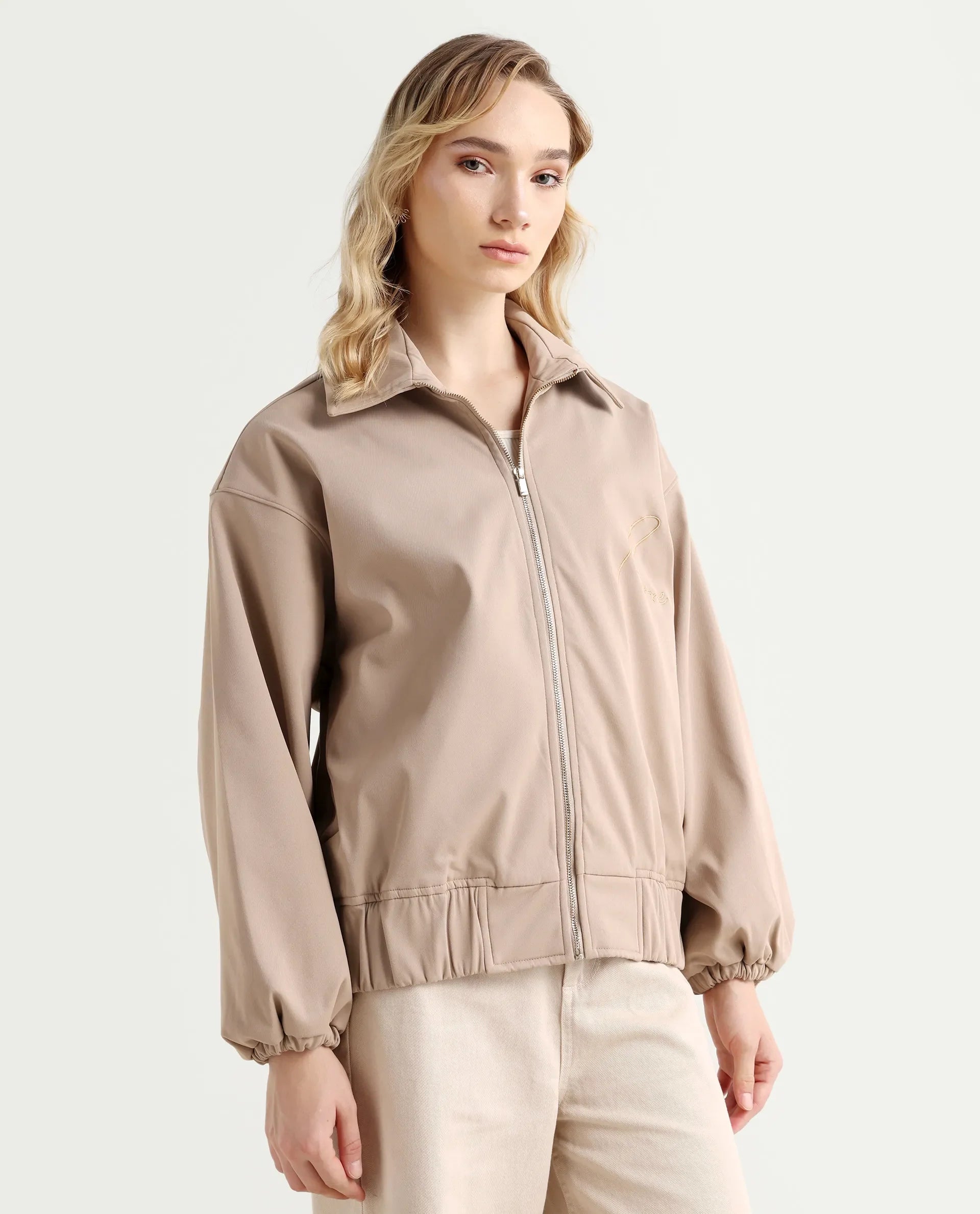 Rareism Women's Nacam Beige Polyester Collared Neck Relaxed Plain Jacket