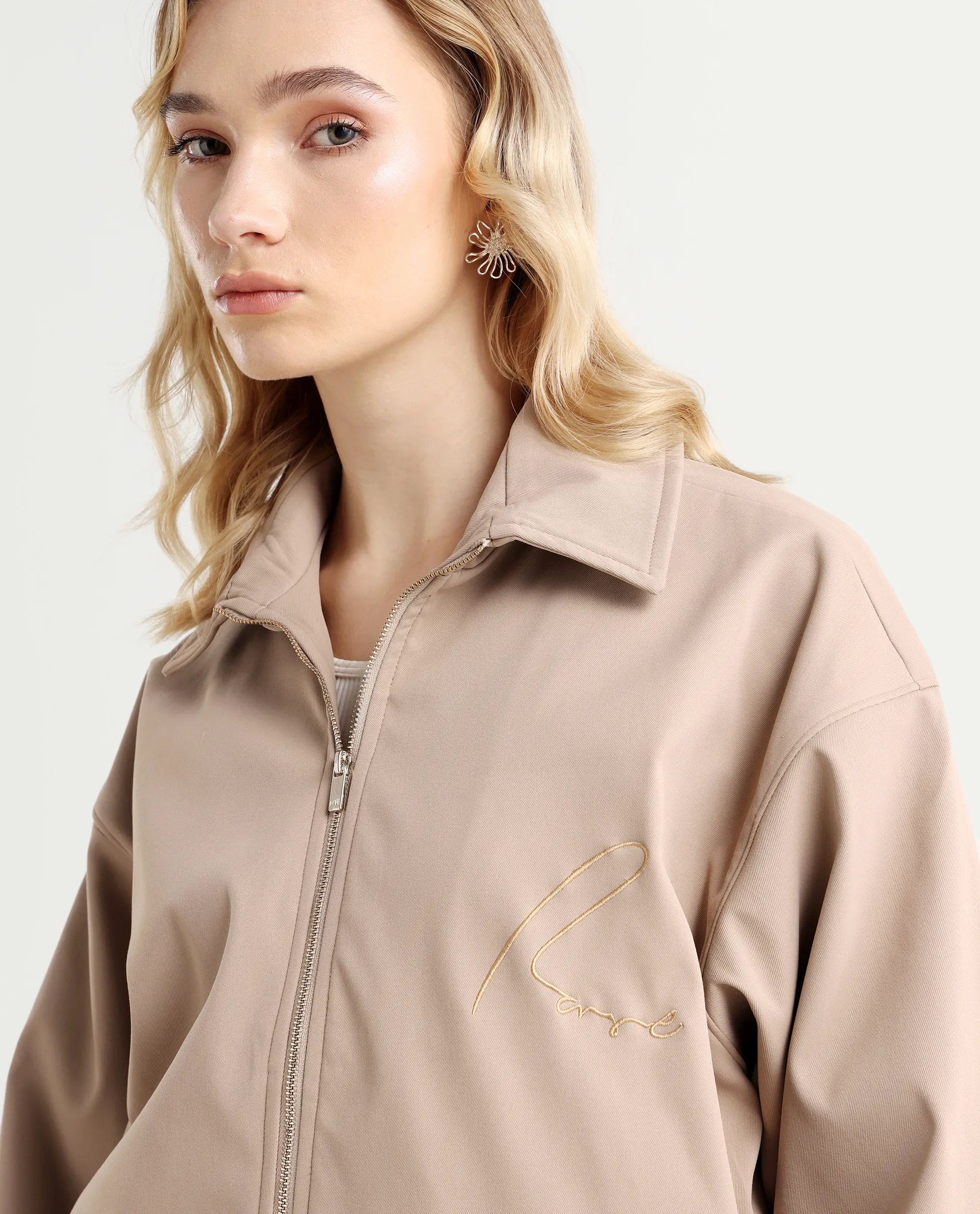 Rareism Women's Nacam Beige Polyester Collared Neck Relaxed Plain Jacket
