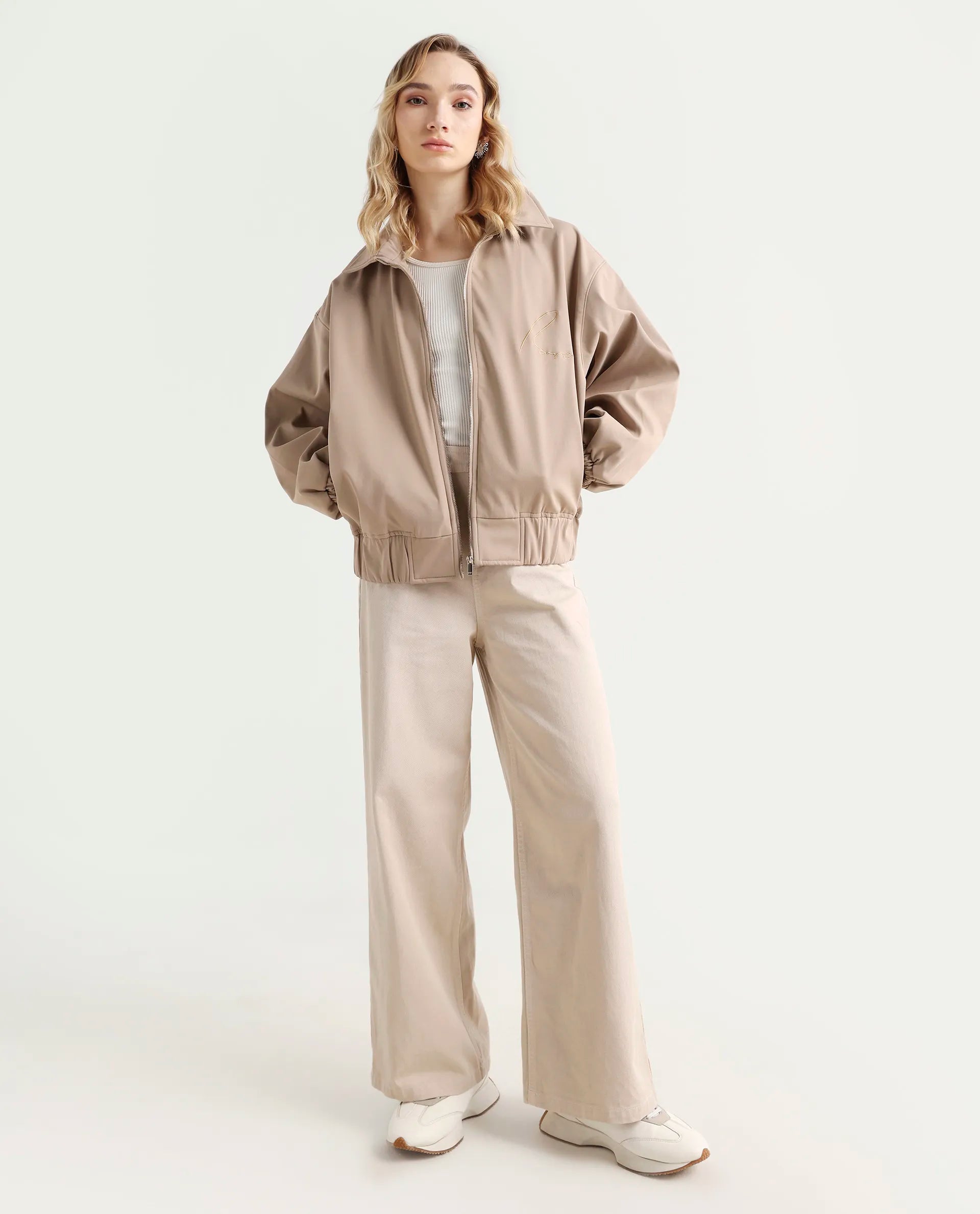 Rareism Women's Nacam Beige Polyester Collared Neck Relaxed Plain Jacket