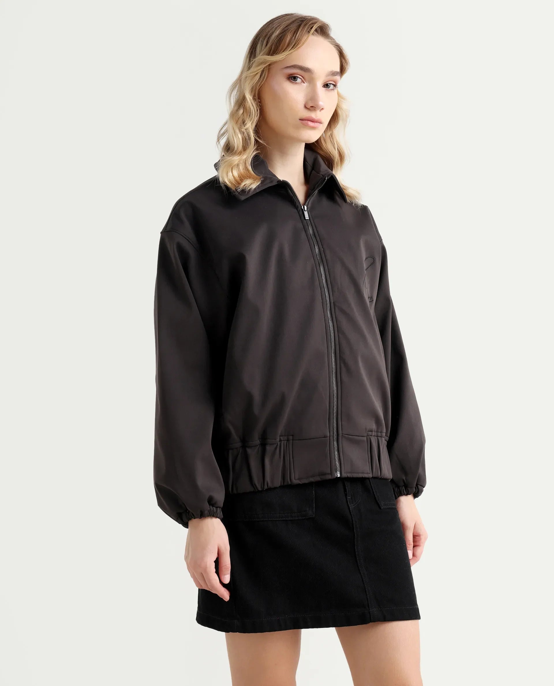 Rareism Women's Nacam Dark Grey Polyester Collared Neck Relaxed Plain Jacket