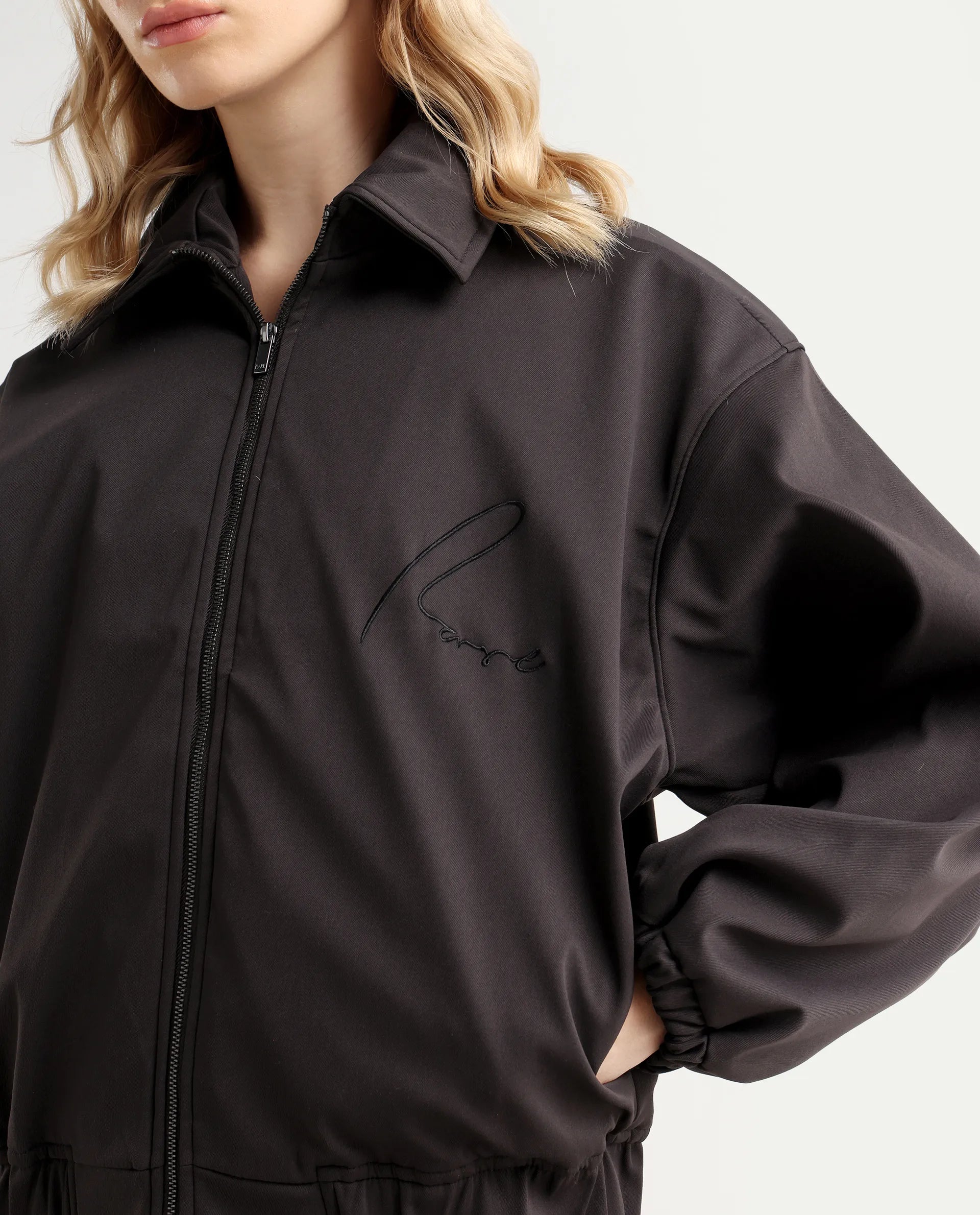 Rareism Women's Nacam Dark Grey Polyester Collared Neck Relaxed Plain Jacket