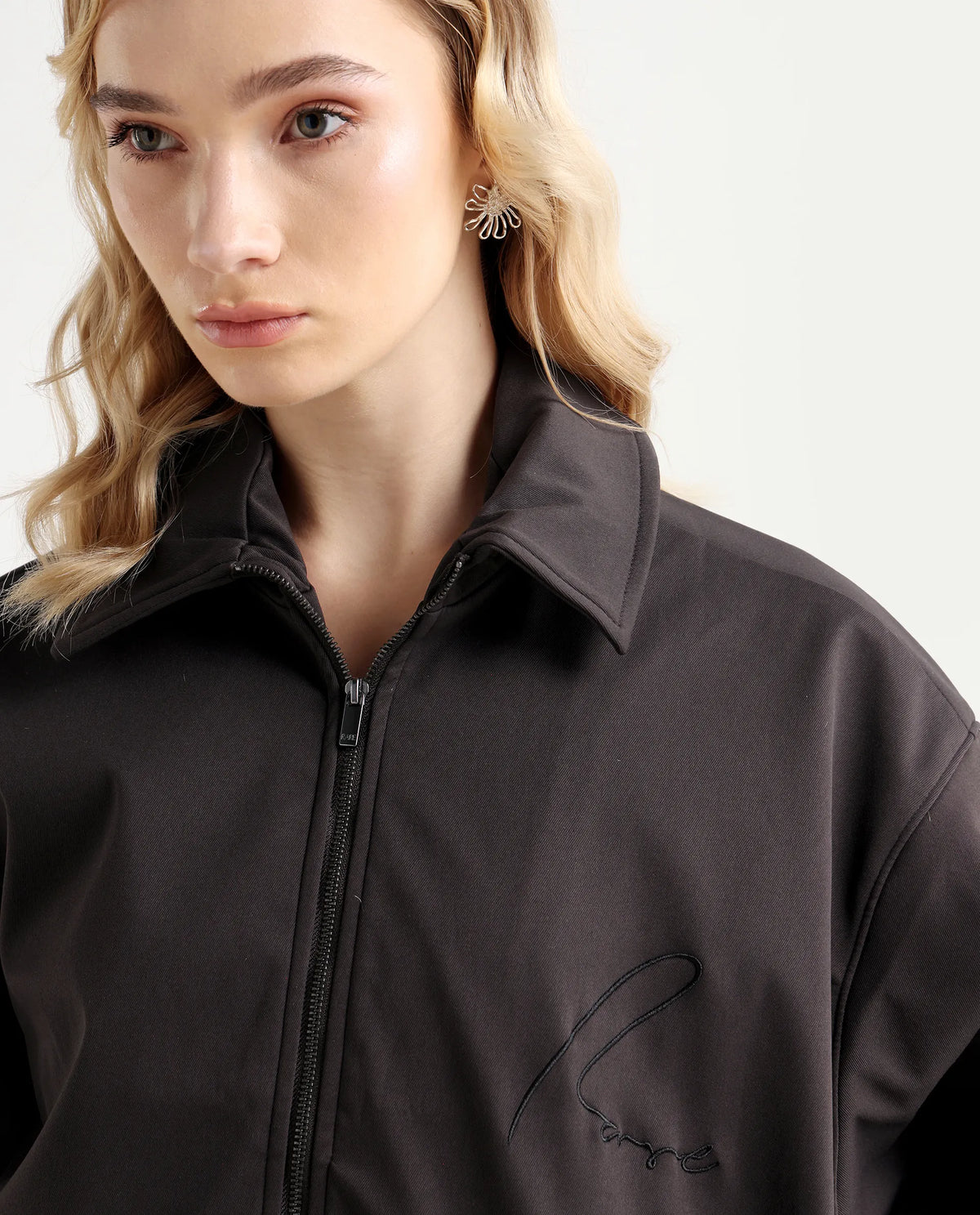 Rareism Women's Nacam Dark Grey Polyester Collared Neck Relaxed Plain Jacket