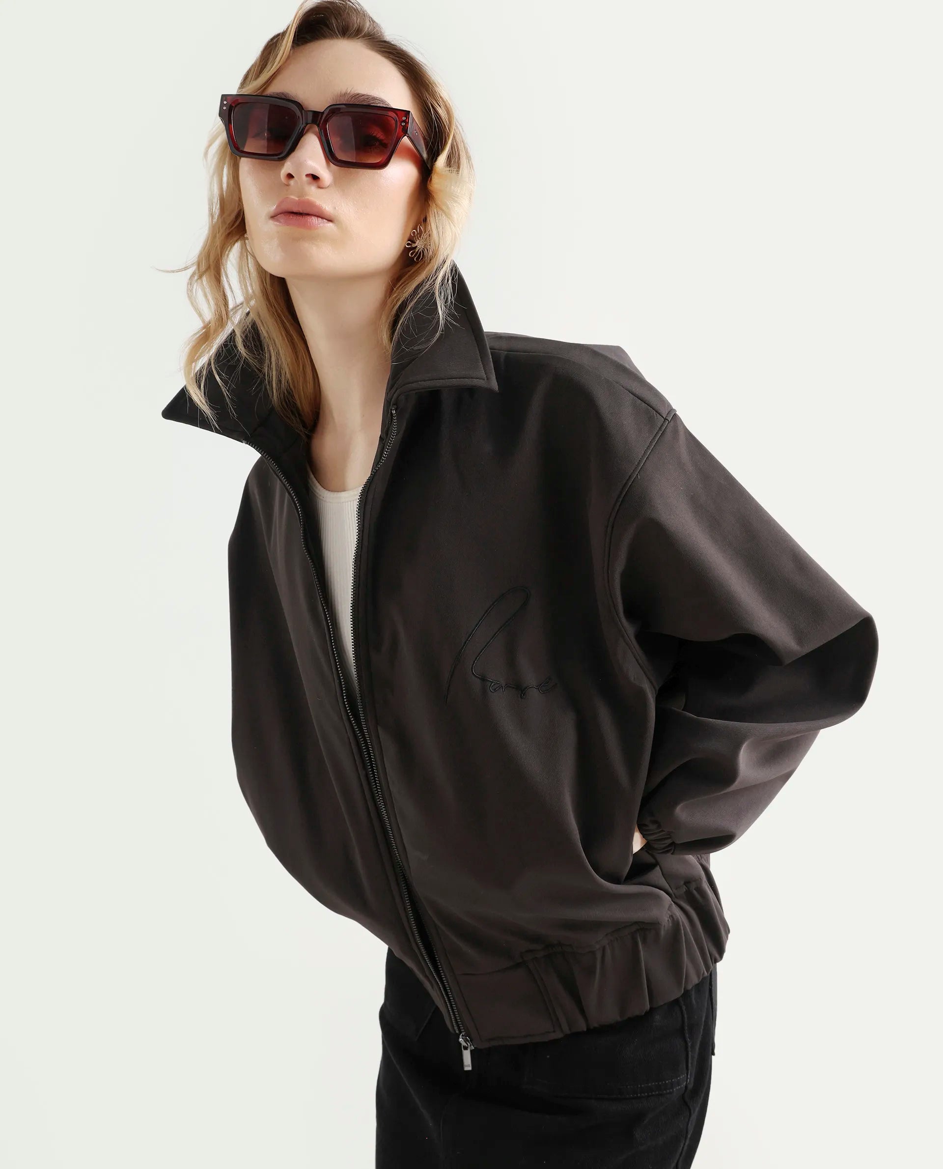 Rareism Women's Nacam Dark Grey Polyester Collared Neck Relaxed Plain Jacket