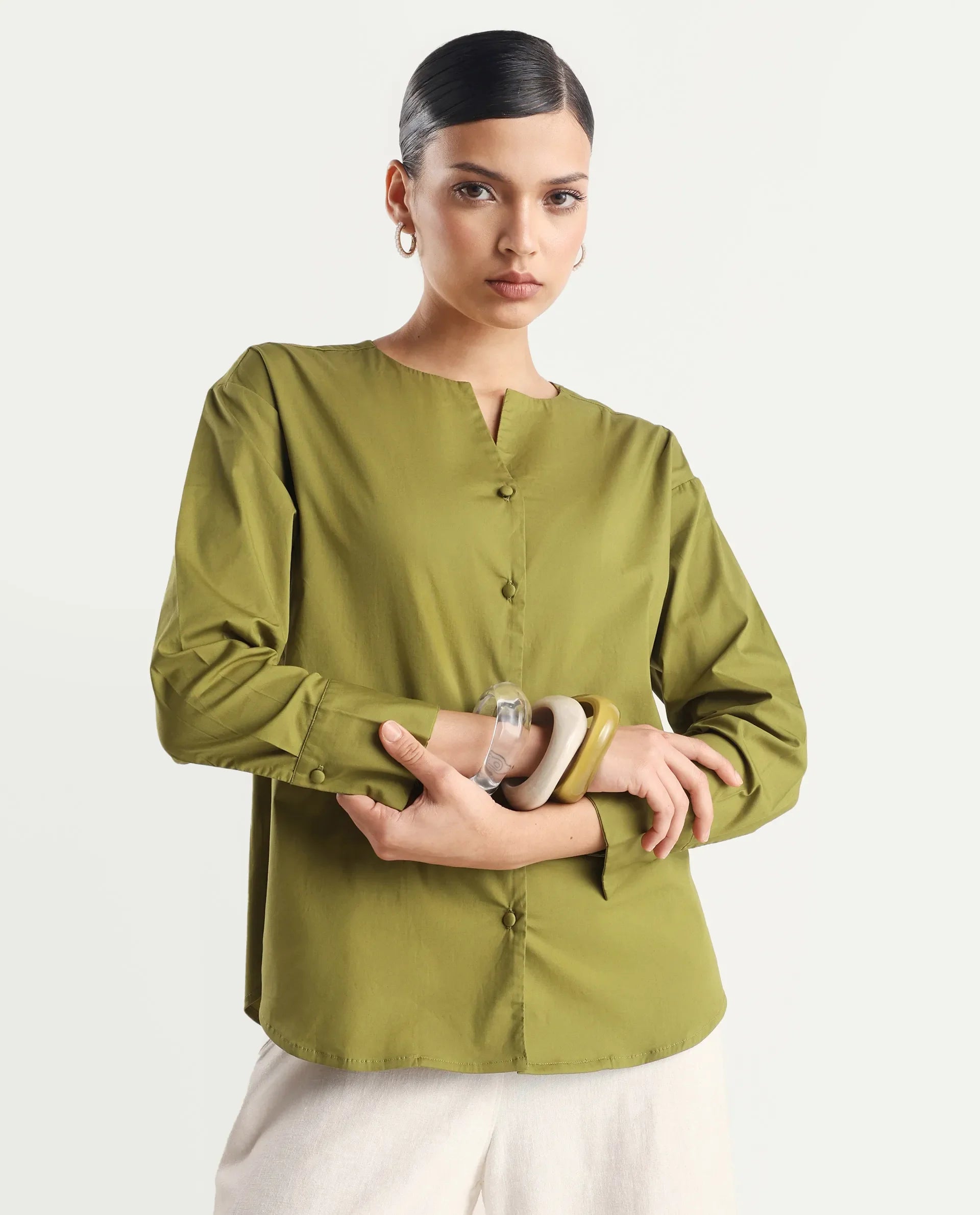 Rareism Women's Nagoya Green Cotton Blend Crew Neck Plain Cuffed Sleeve Regular Fit Top