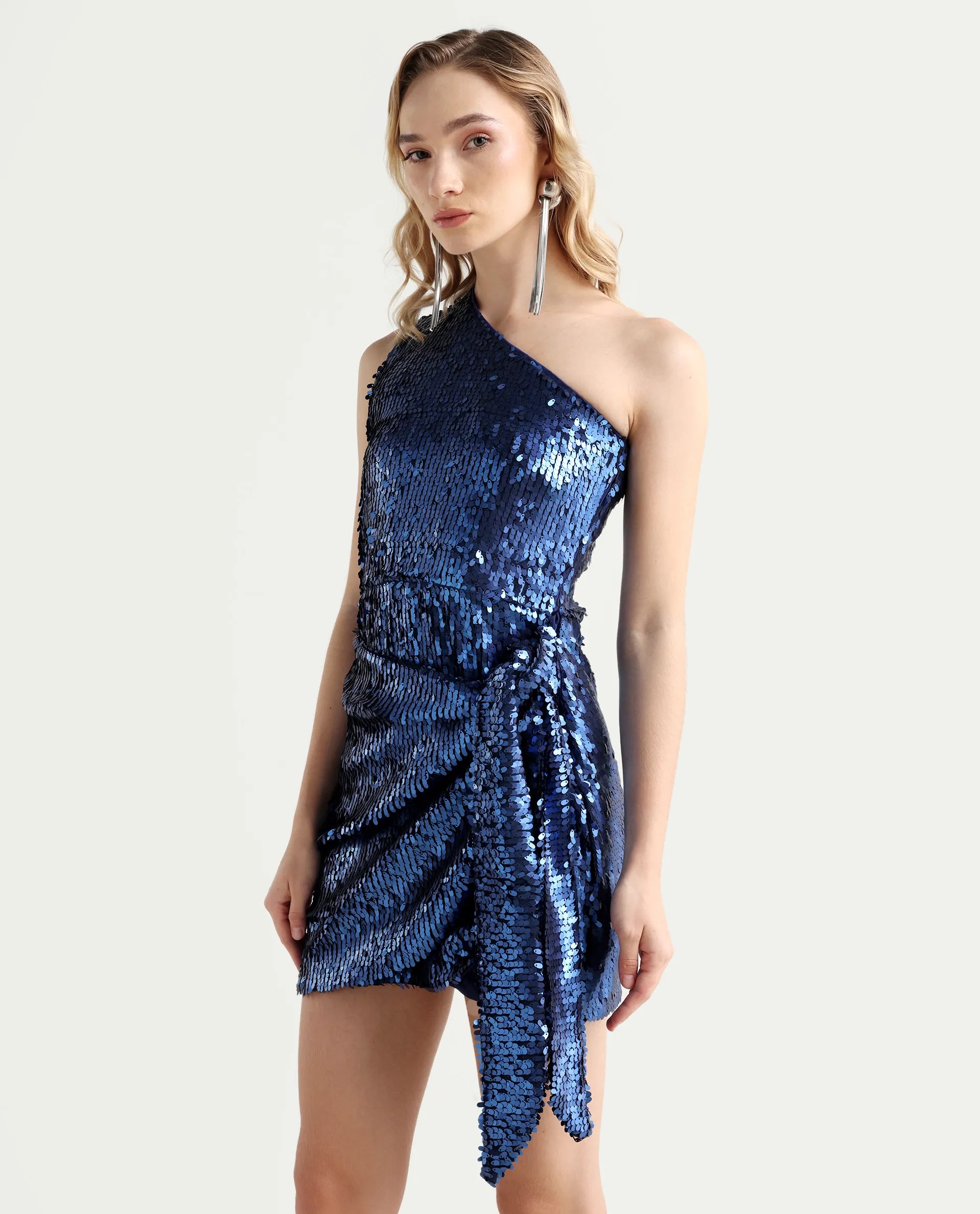 Rareism Women's Nala Sheen Blue Polyester Collarless Sequined Sleeveless Mini Regular Fit Dress