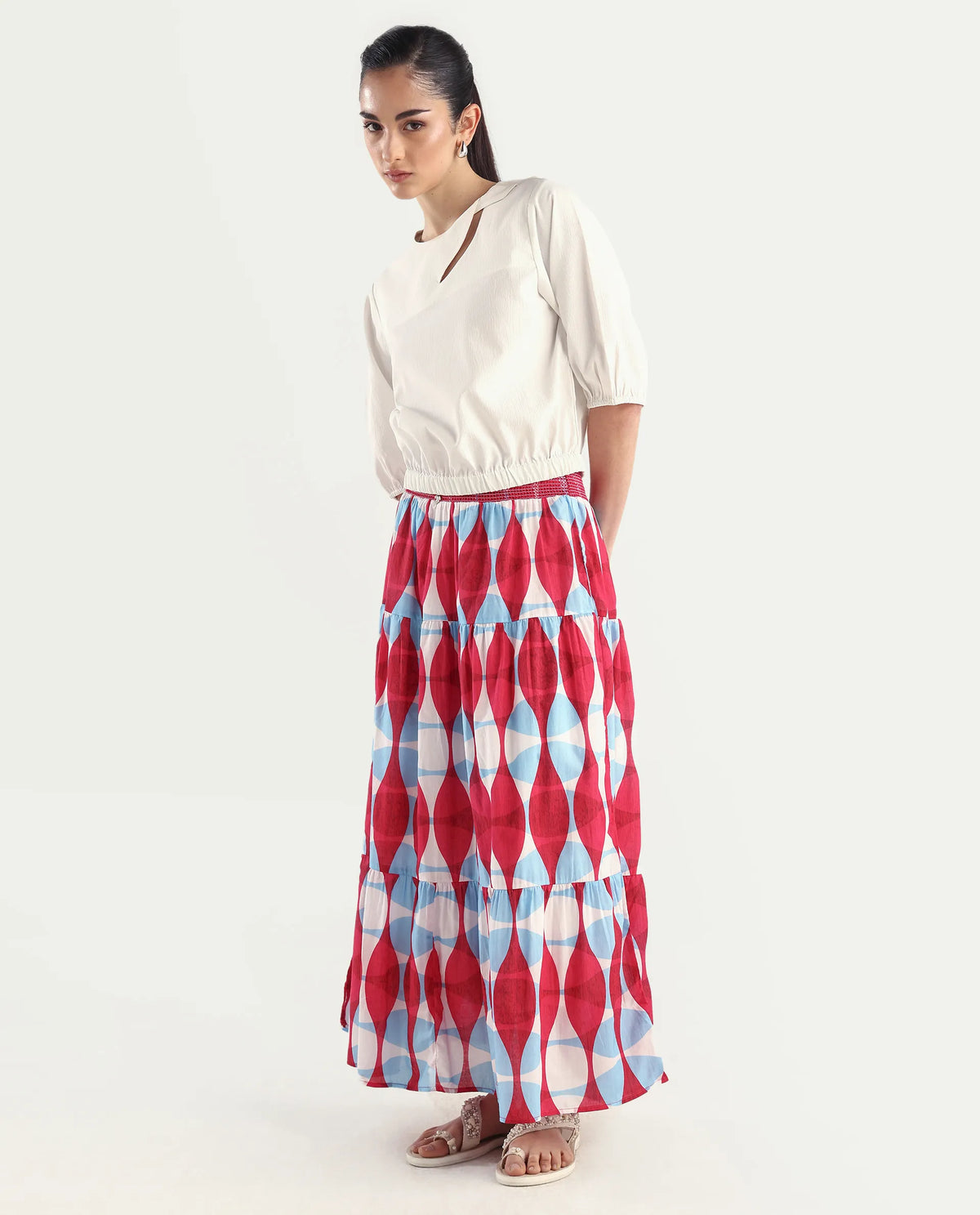 Rareism Women's Naybert Multi Cotton Geometric Print Ankle Length Flared Skirt