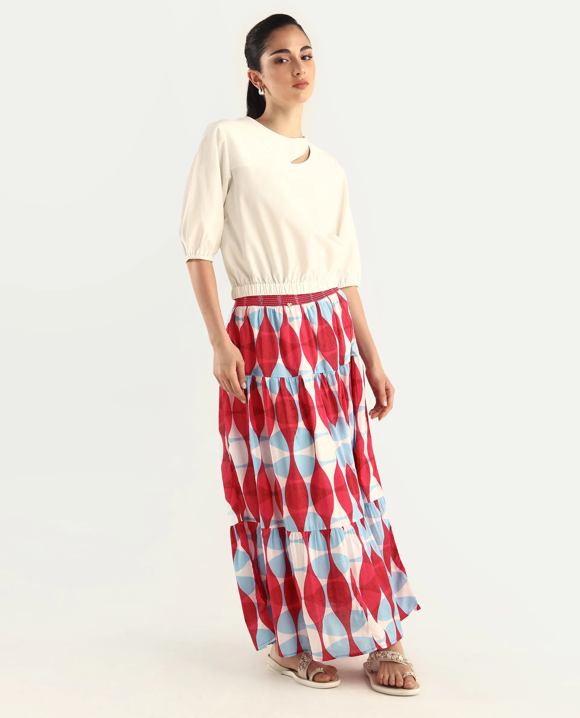 Rareism Women's Naybert Multi Cotton Geometric Print Ankle Length Flared Skirt