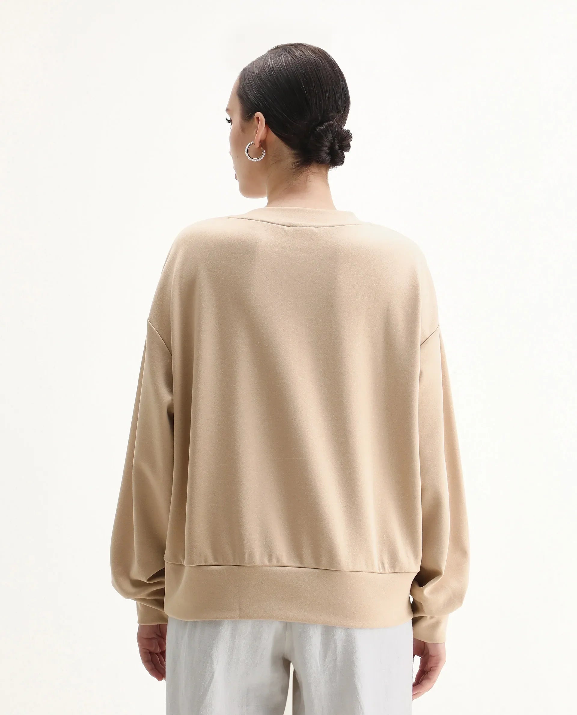 Rareism Women's Nebo Beige Modal Blend Fabric Crew Neck Relaxed Fit Printed Sweatshirt