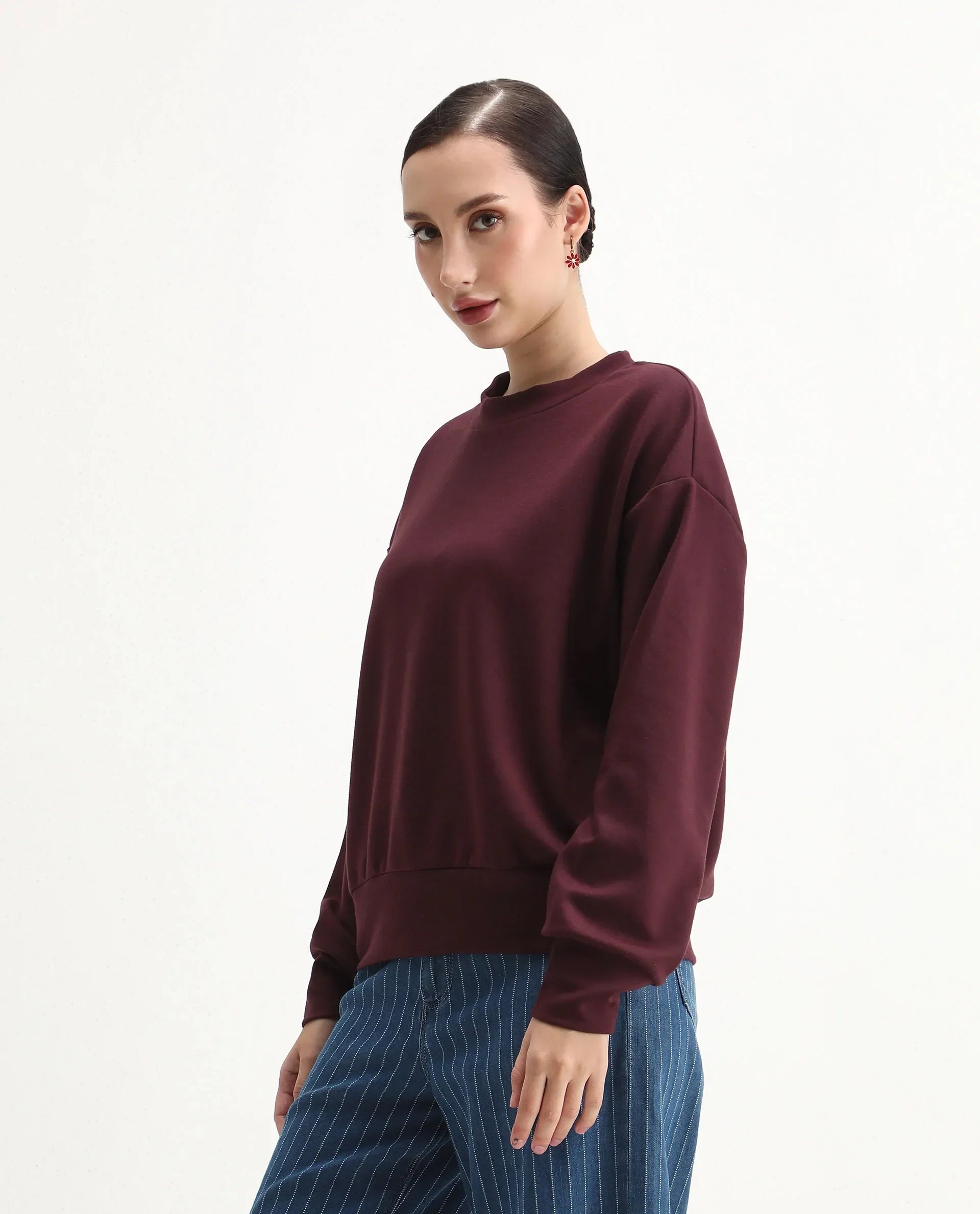 Rareism Women's Nebo Dark Maroon Modal Blend Fabric Crew Neck Relaxed Fit Printed Sweatshirt