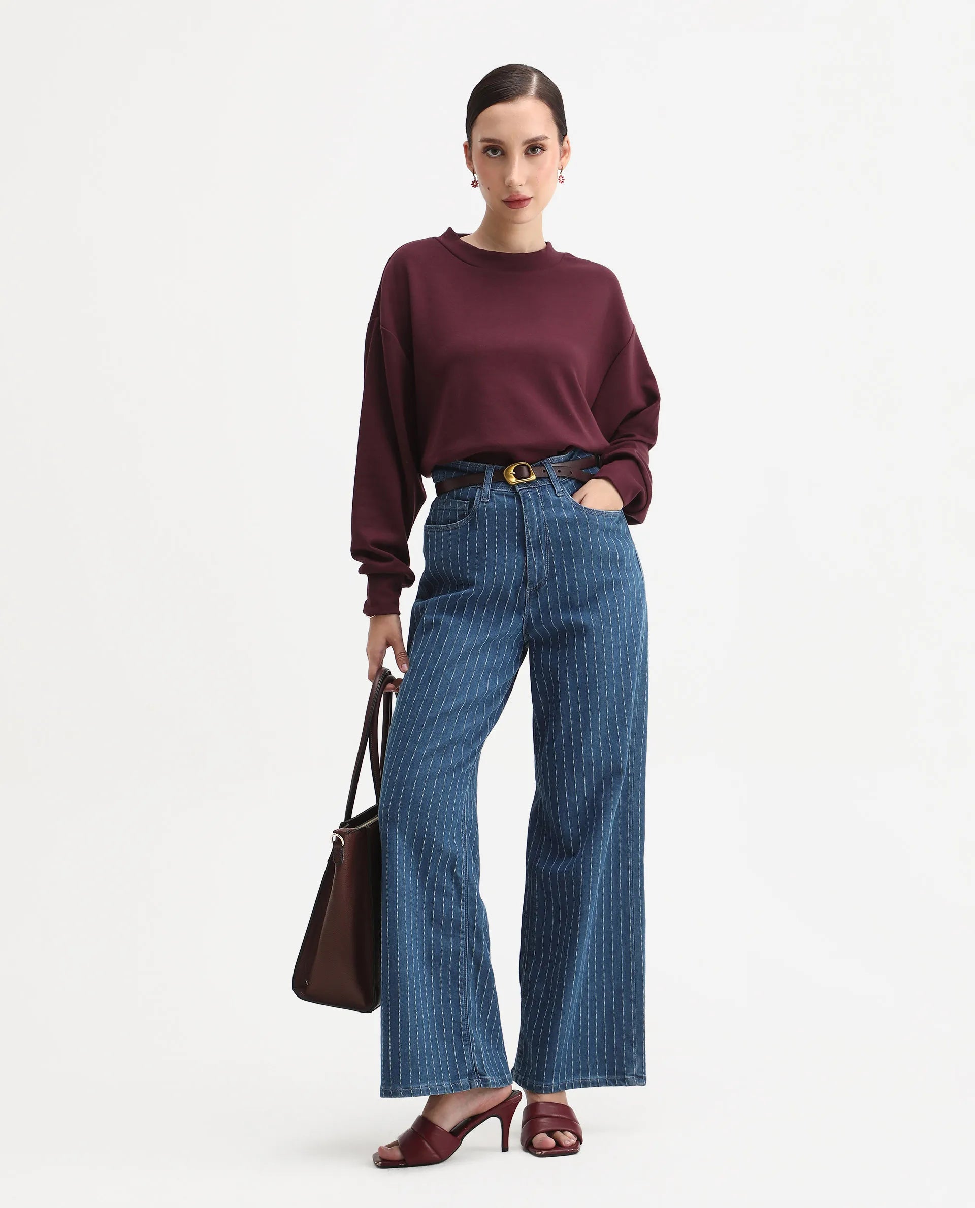Rareism Women's Nebo Dark Maroon Modal Blend Fabric Crew Neck Relaxed Fit Printed Sweatshirt