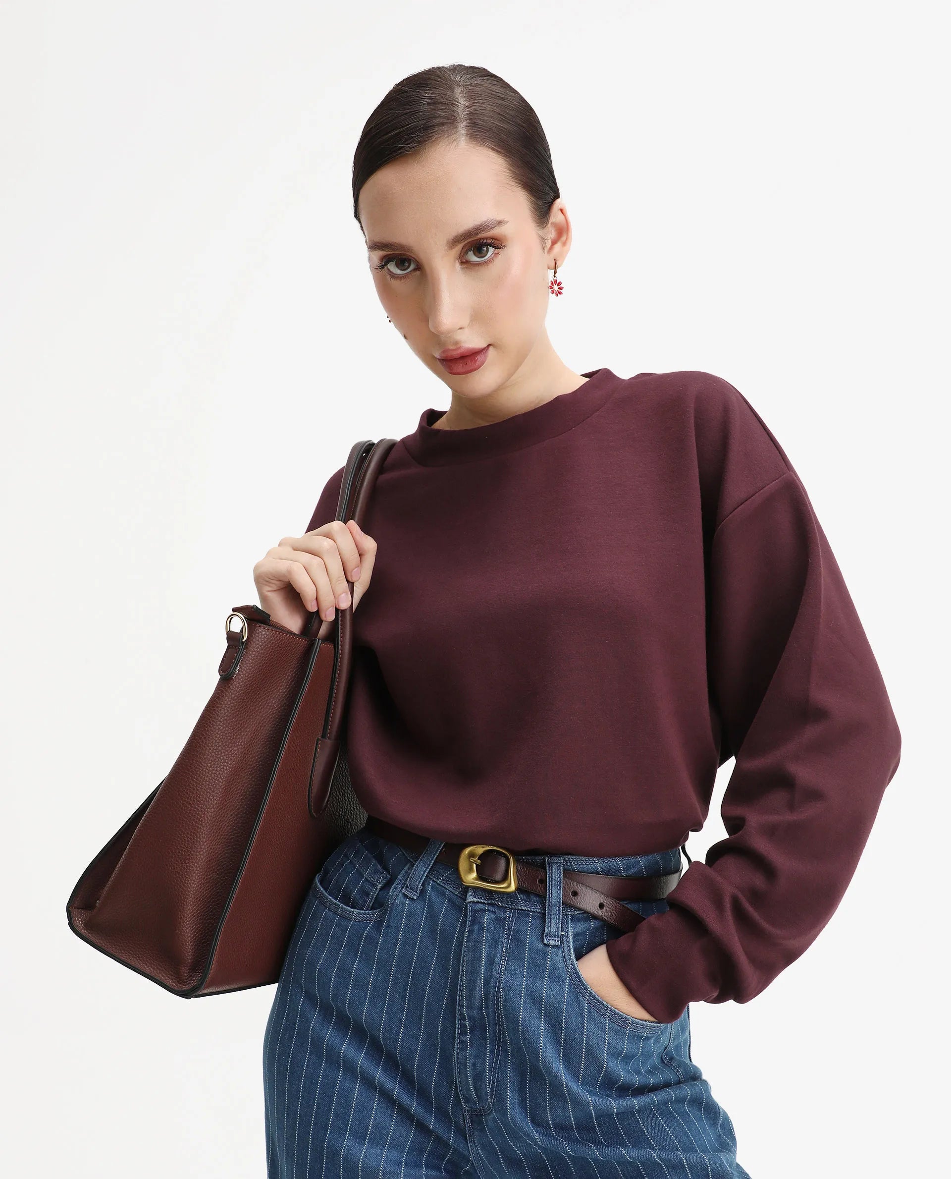 Rareism Women's Nebo Dark Maroon Modal Blend Fabric Crew Neck Relaxed Fit Printed Sweatshirt