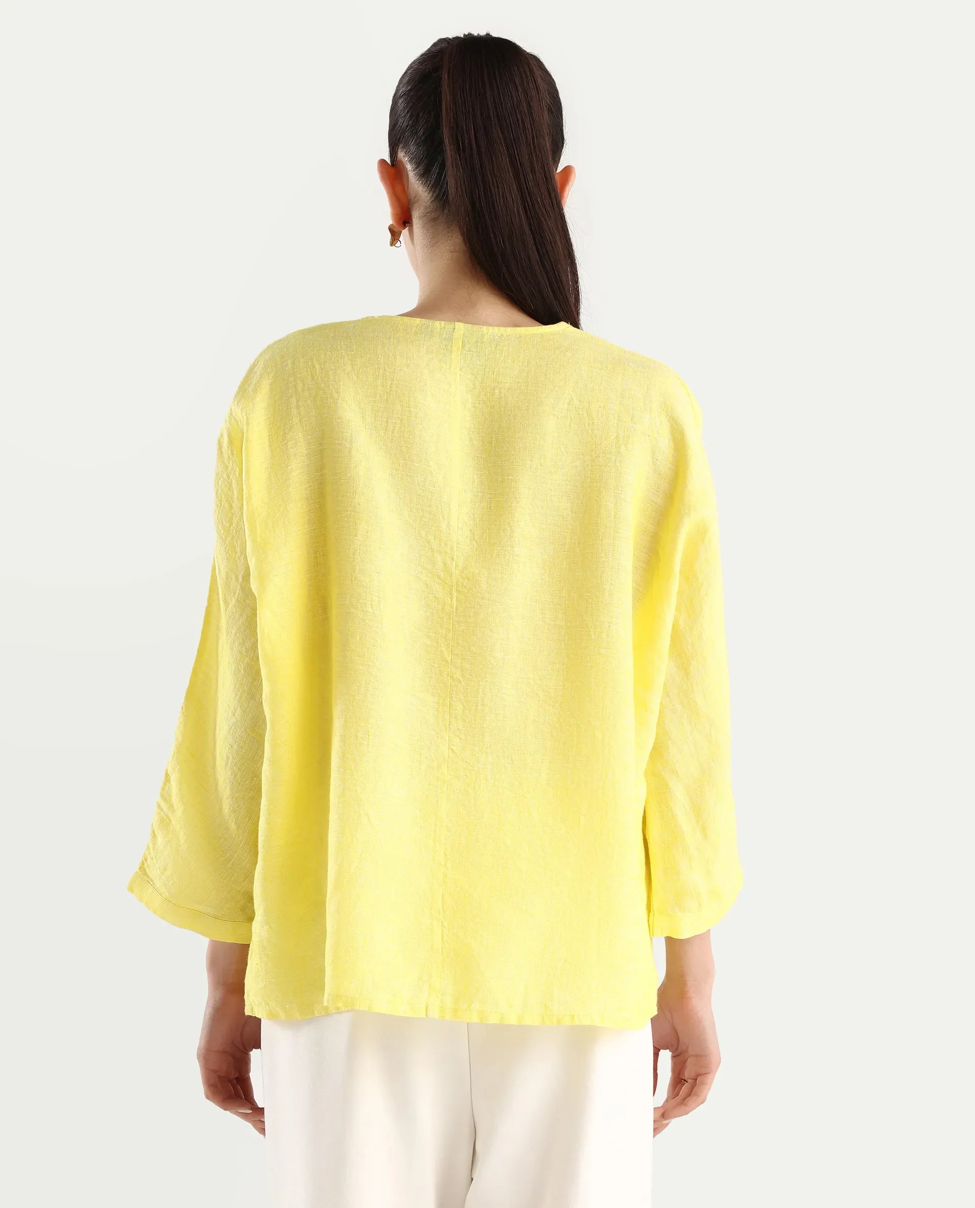 Rareism Women's Nenma Yellow Linen Kimono Sleeve V-Neck Plain Top