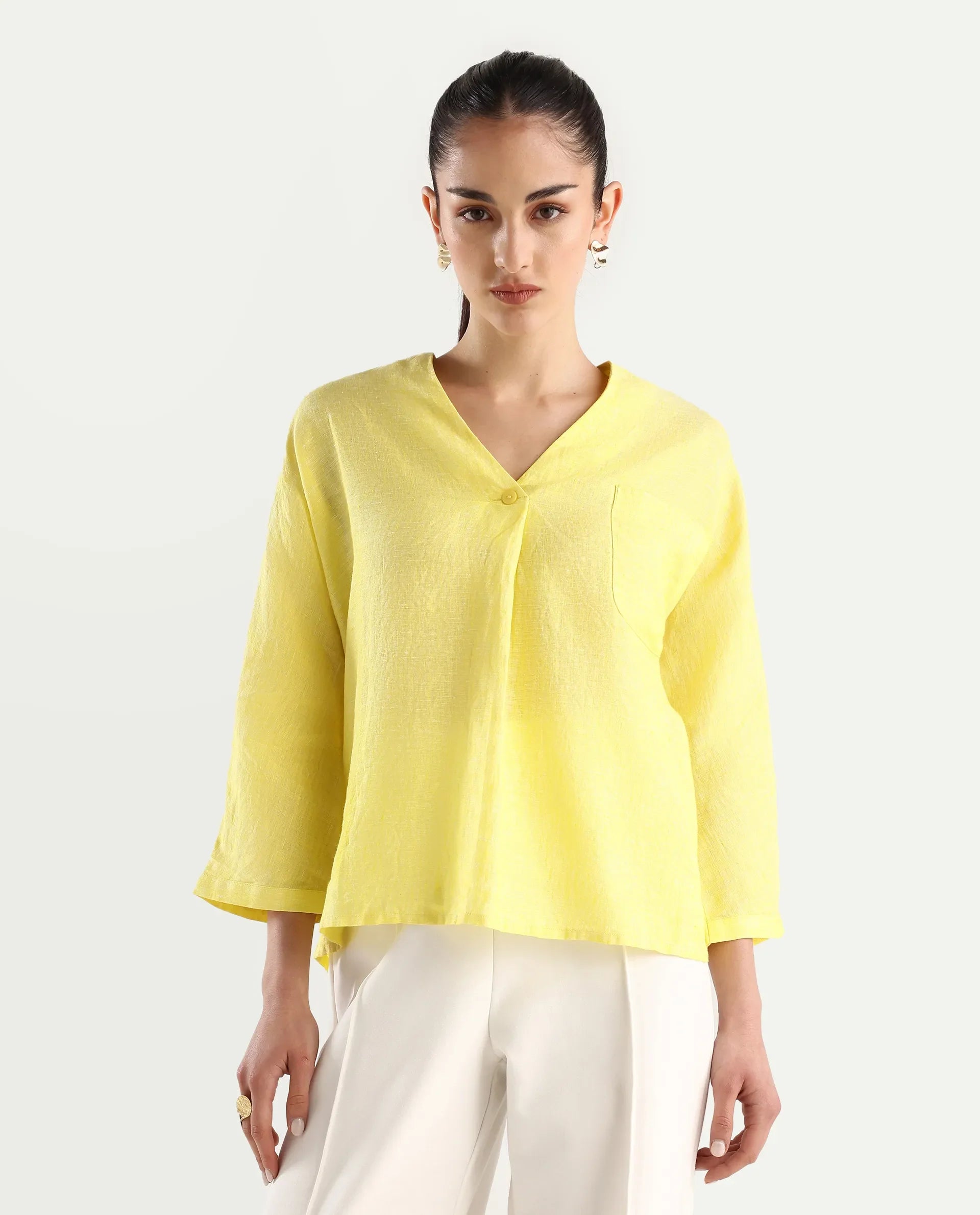 Rareism Women's Nenma Yellow Linen Kimono Sleeve V-Neck Plain Top