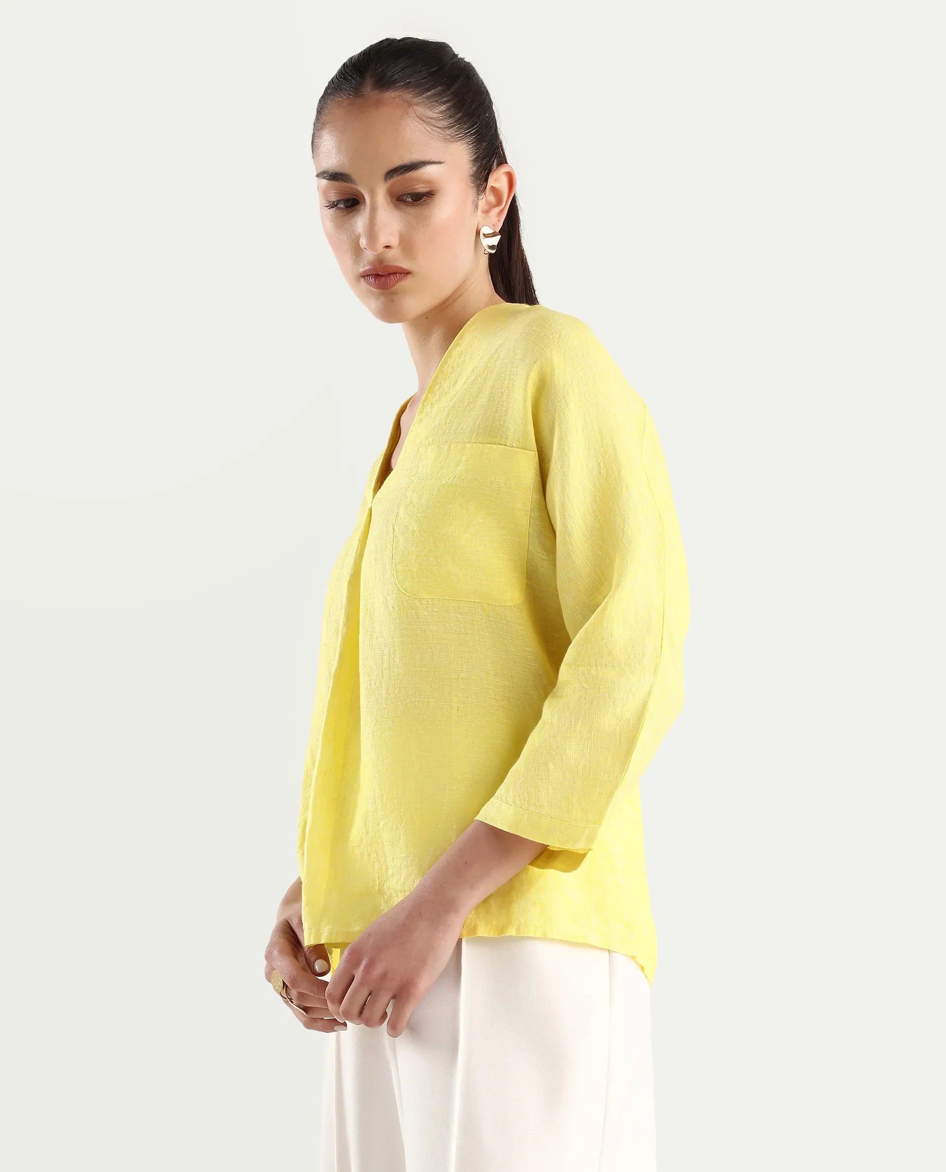 Rareism Women's Nenma Yellow Linen Kimono Sleeve V-Neck Plain Top
