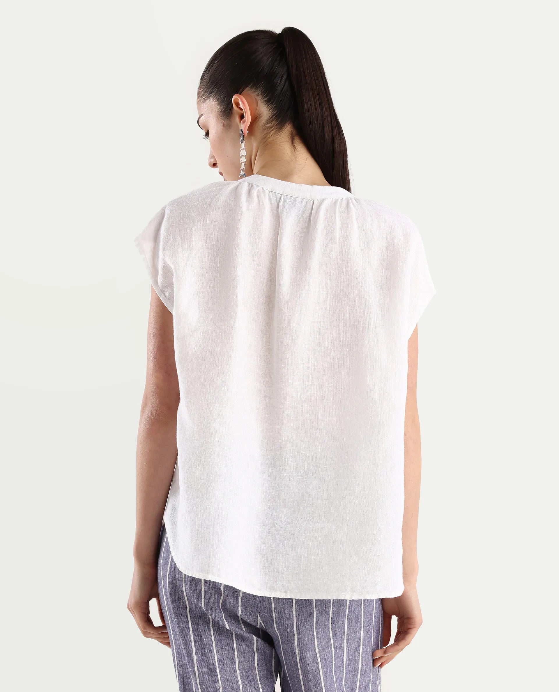 Rareism Women's Nenso White Linen Extended Sleeves Mandarin Collar Relaxed Fit Plain Top