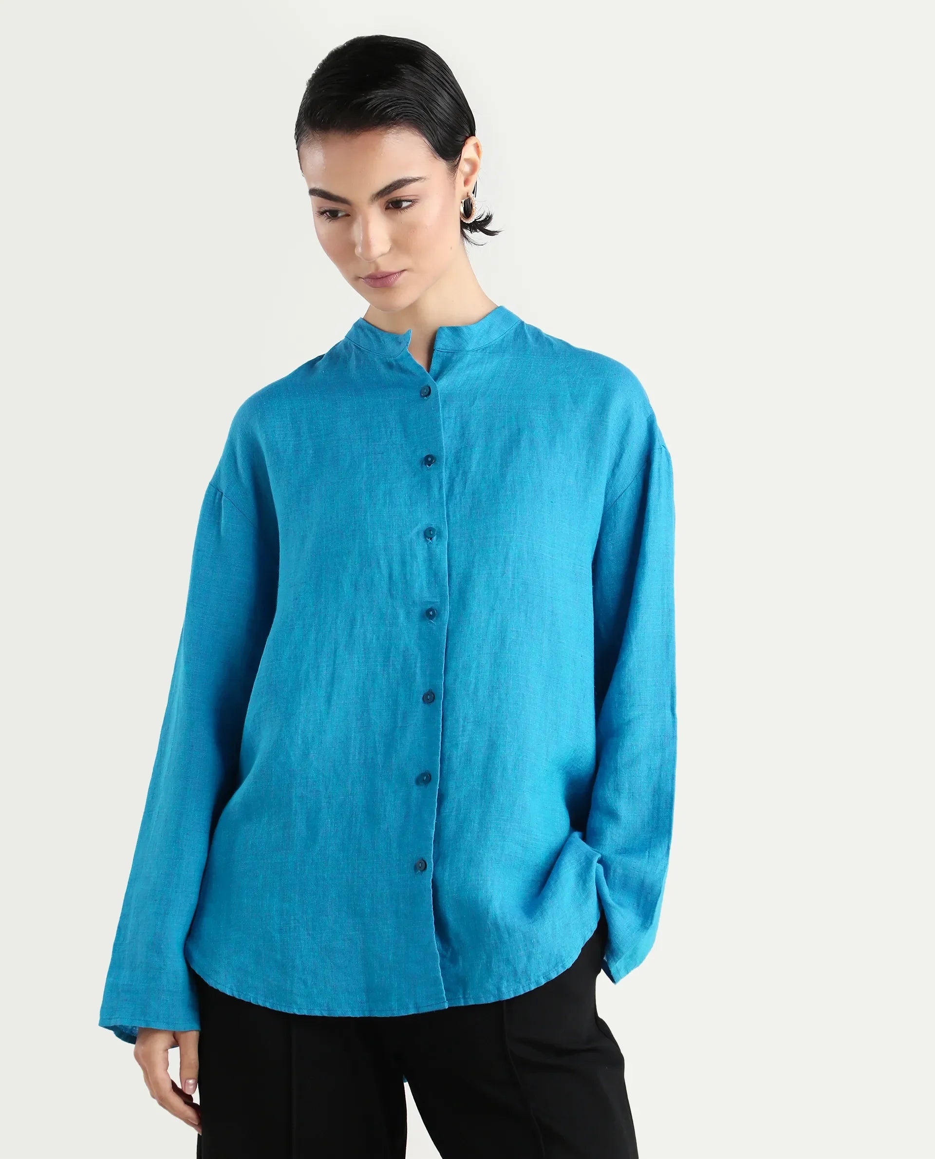 Rareism Women's Nent Blue Linen Mandarin Collar Regular Fit Top