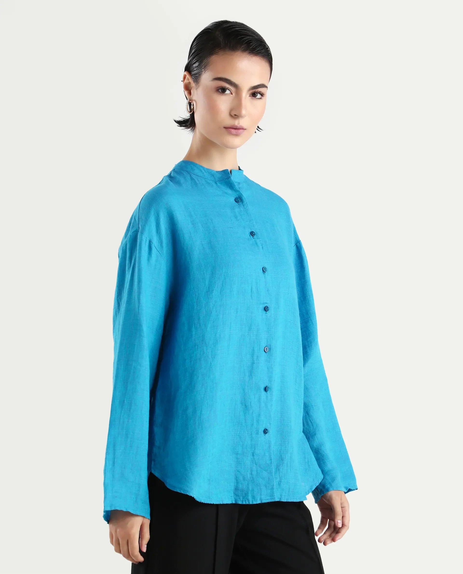 Rareism Women's Nent Blue Linen Mandarin Collar Regular Fit Top