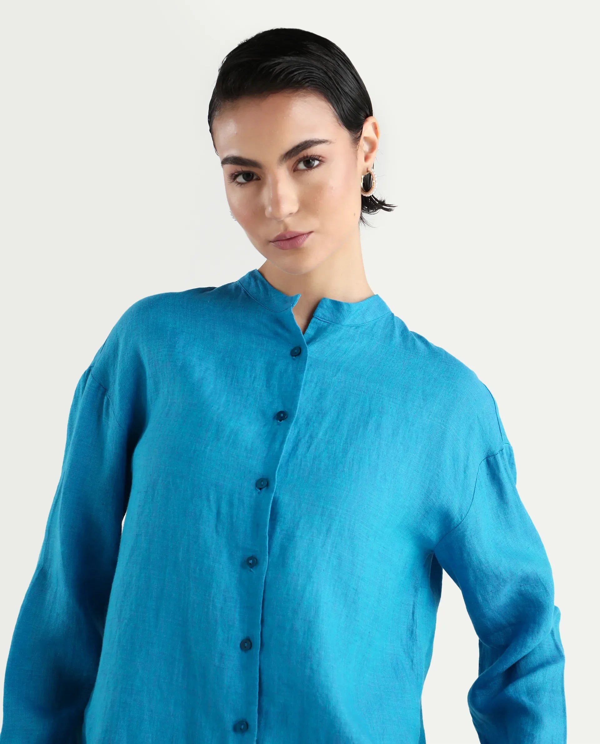 Rareism Women's Nent Blue Linen Mandarin Collar Regular Fit Top