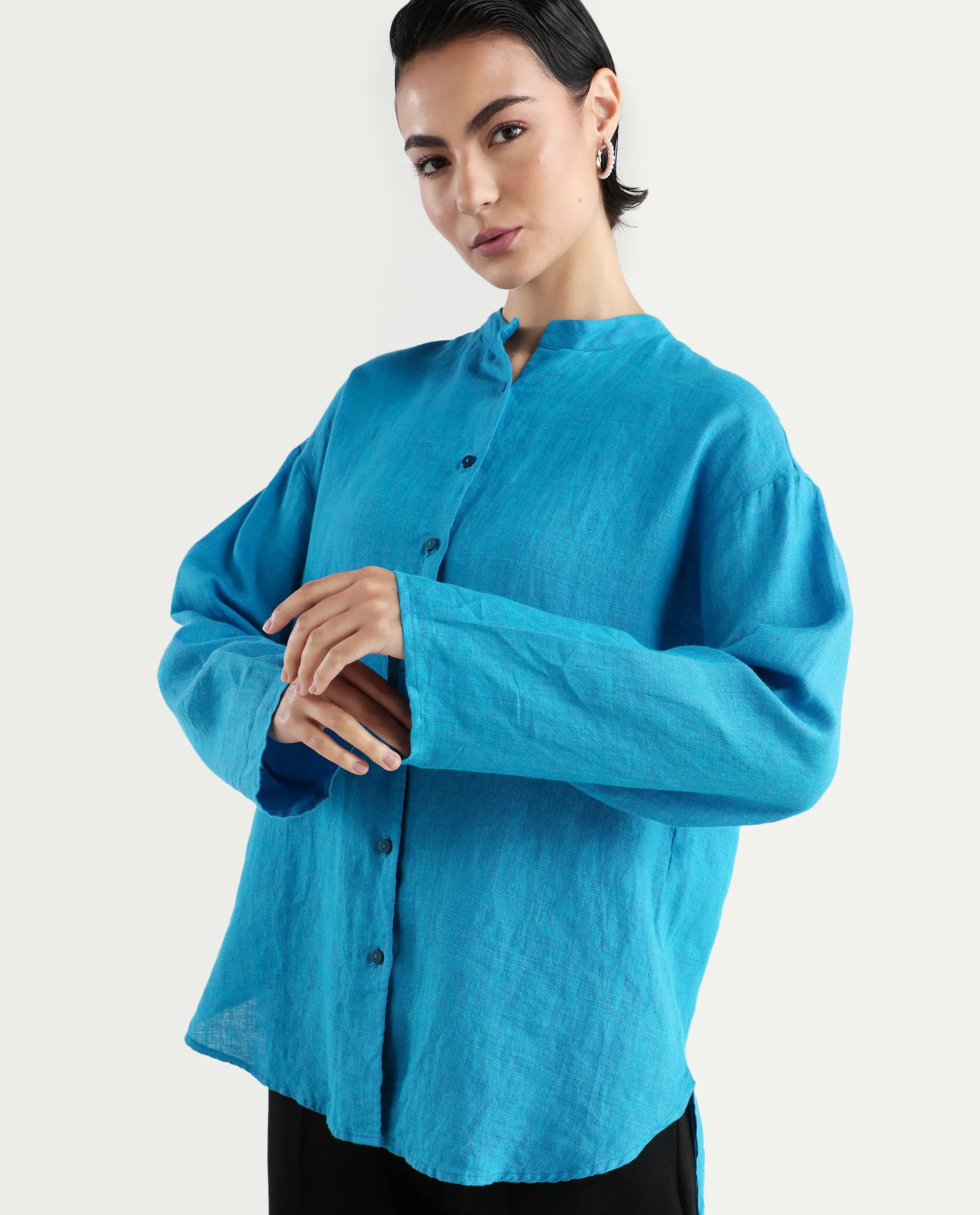 Rareism Women's Nent Blue Linen Mandarin Collar Regular Fit Top