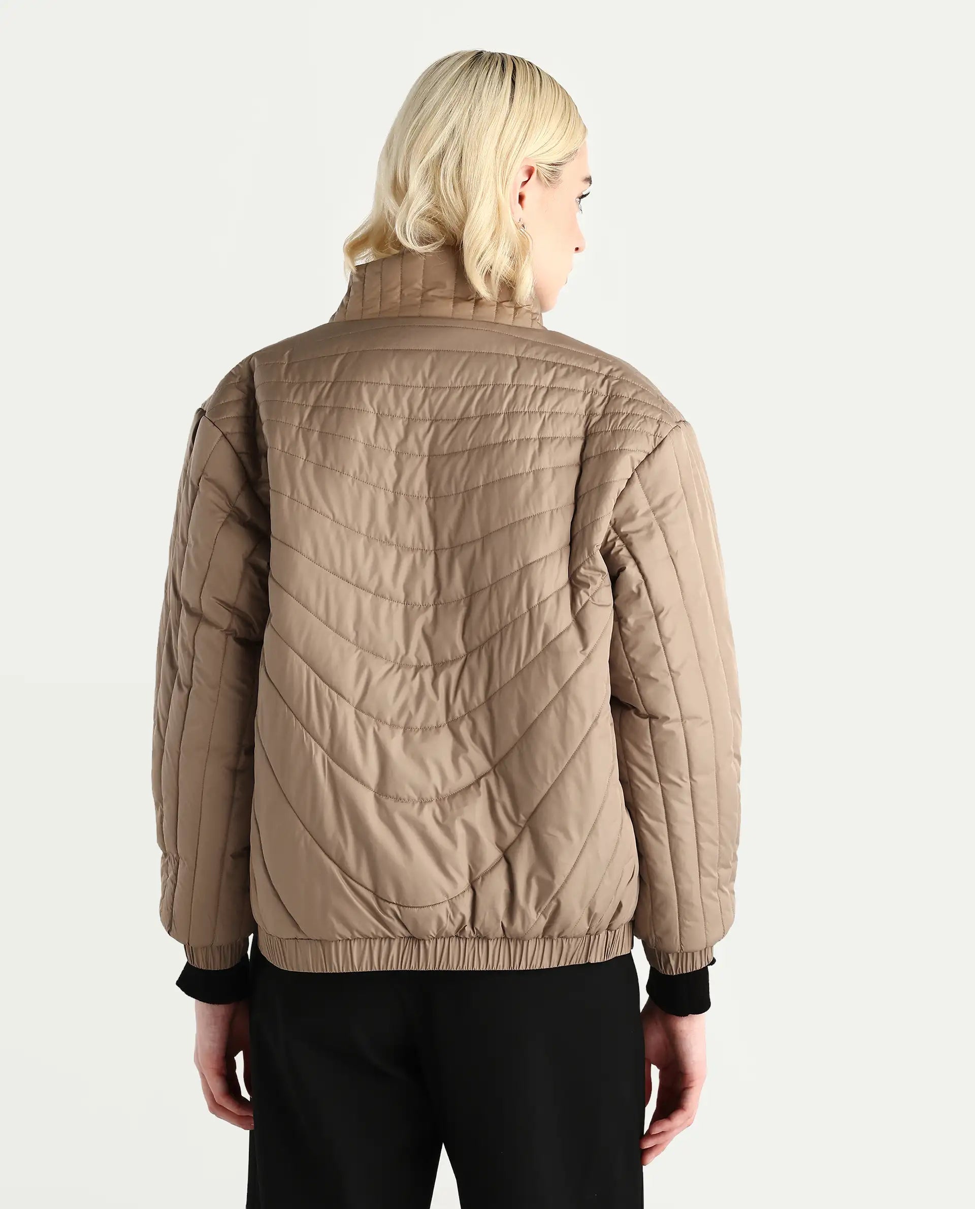 Rareism Women's Nepuf Beige Polyester Bishop Sleeve Crew Neck Regular Fit Plain Jacket