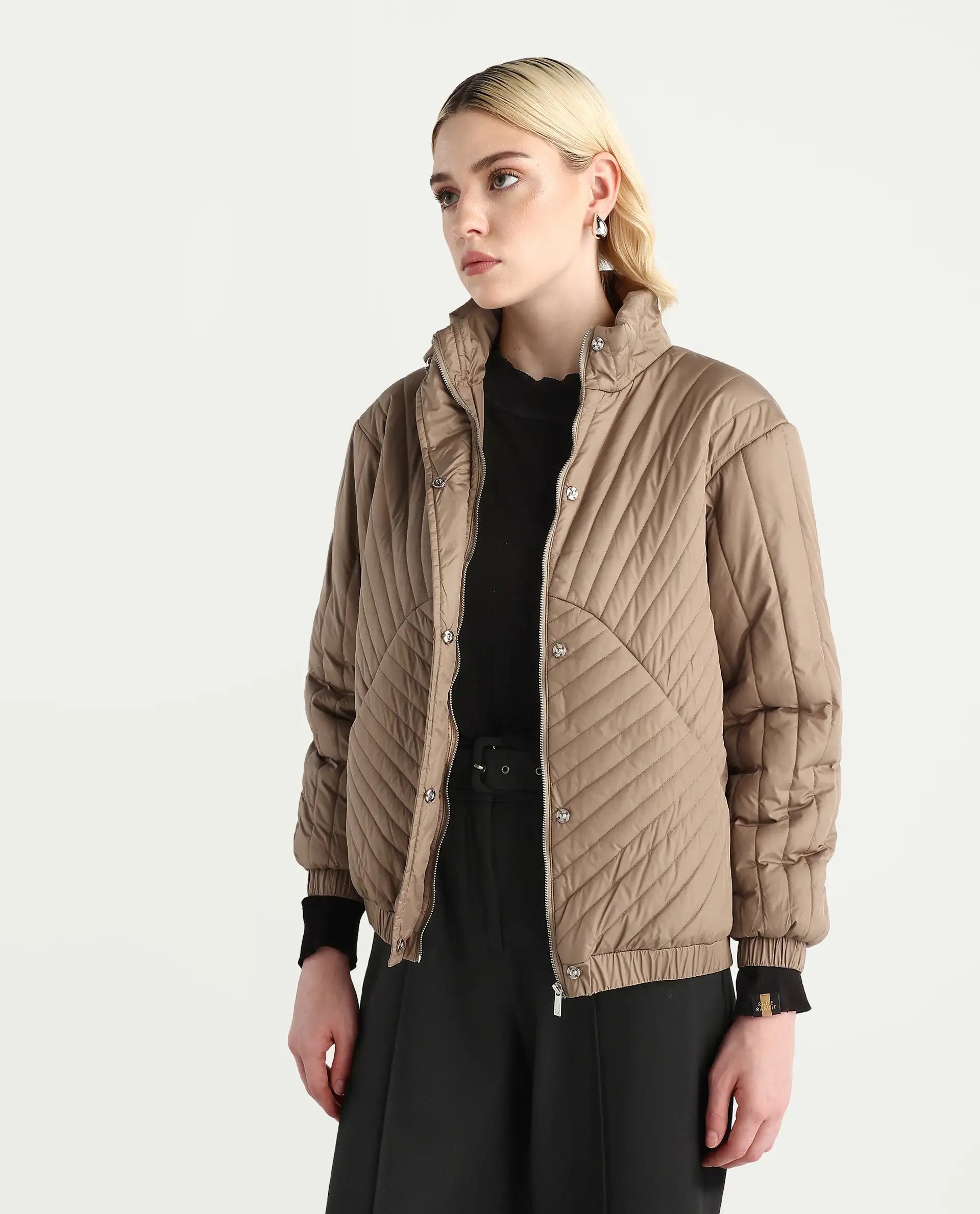 Rareism Women's Nepuf Beige Polyester Bishop Sleeve Crew Neck Regular Fit Plain Jacket