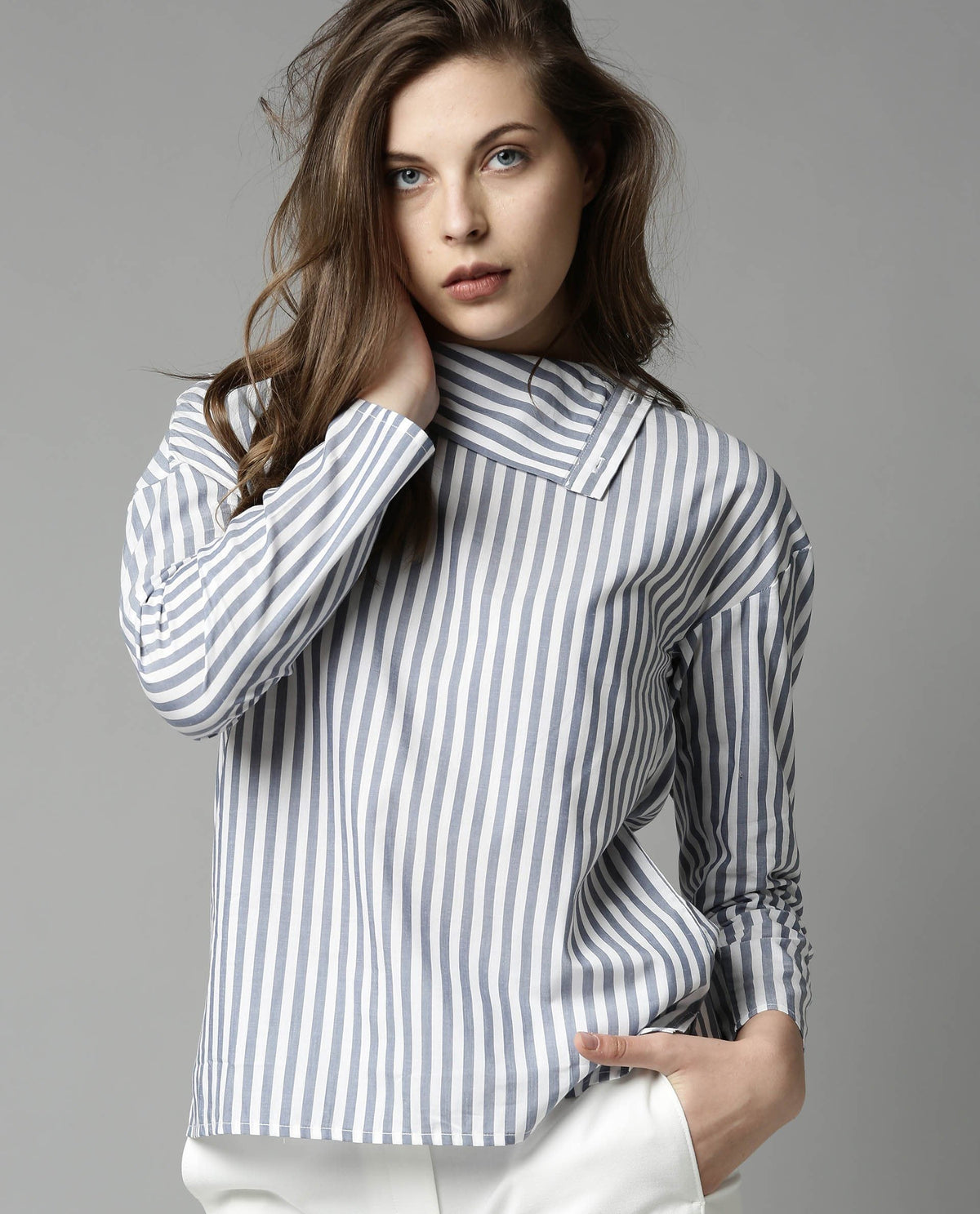 Rareism Women Elios Navy Top Full Sleeves Stripe