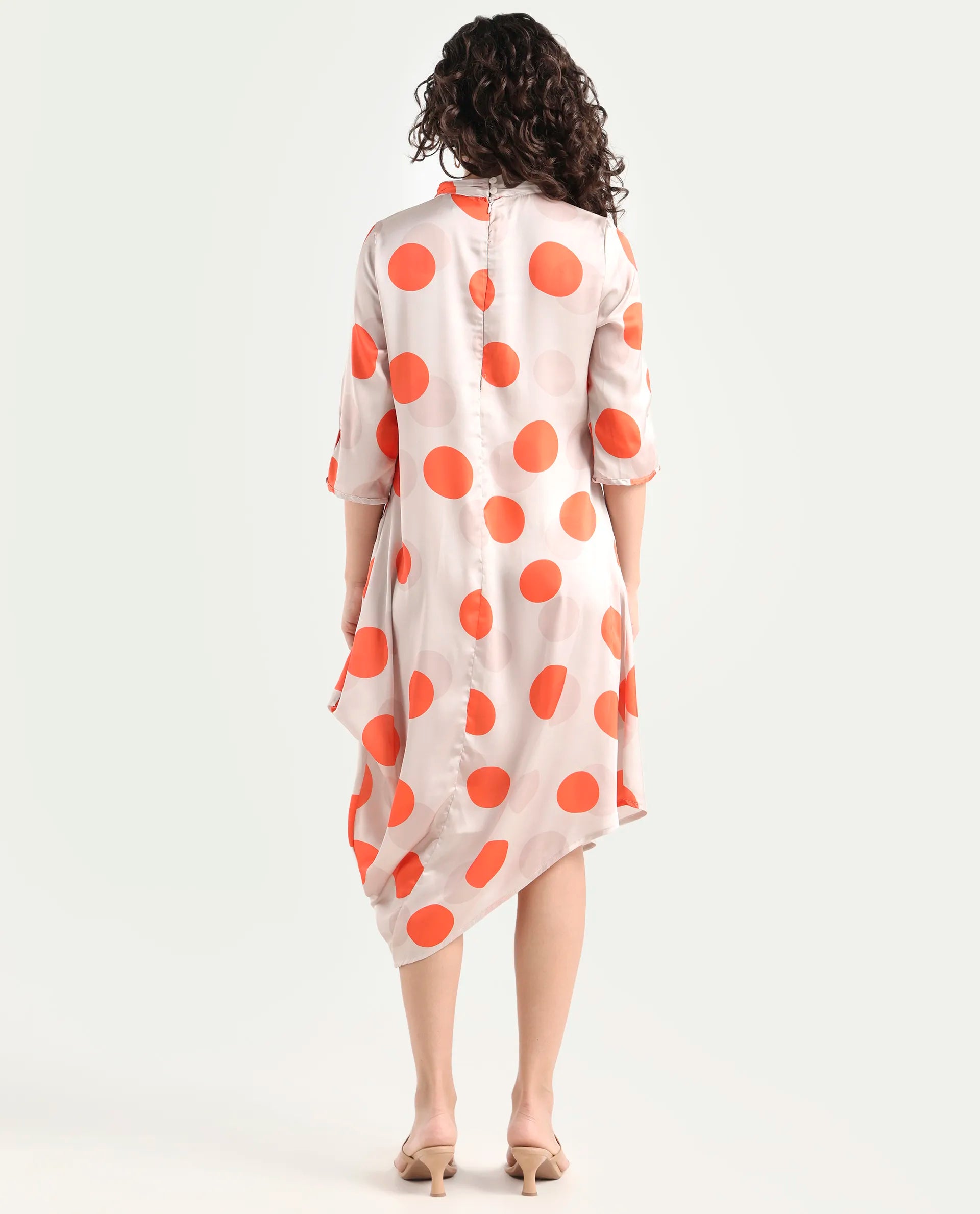 Rareism Women's Nia Light Beige Polyester High Neck Polka Print Midi Relaxed Fit Dress