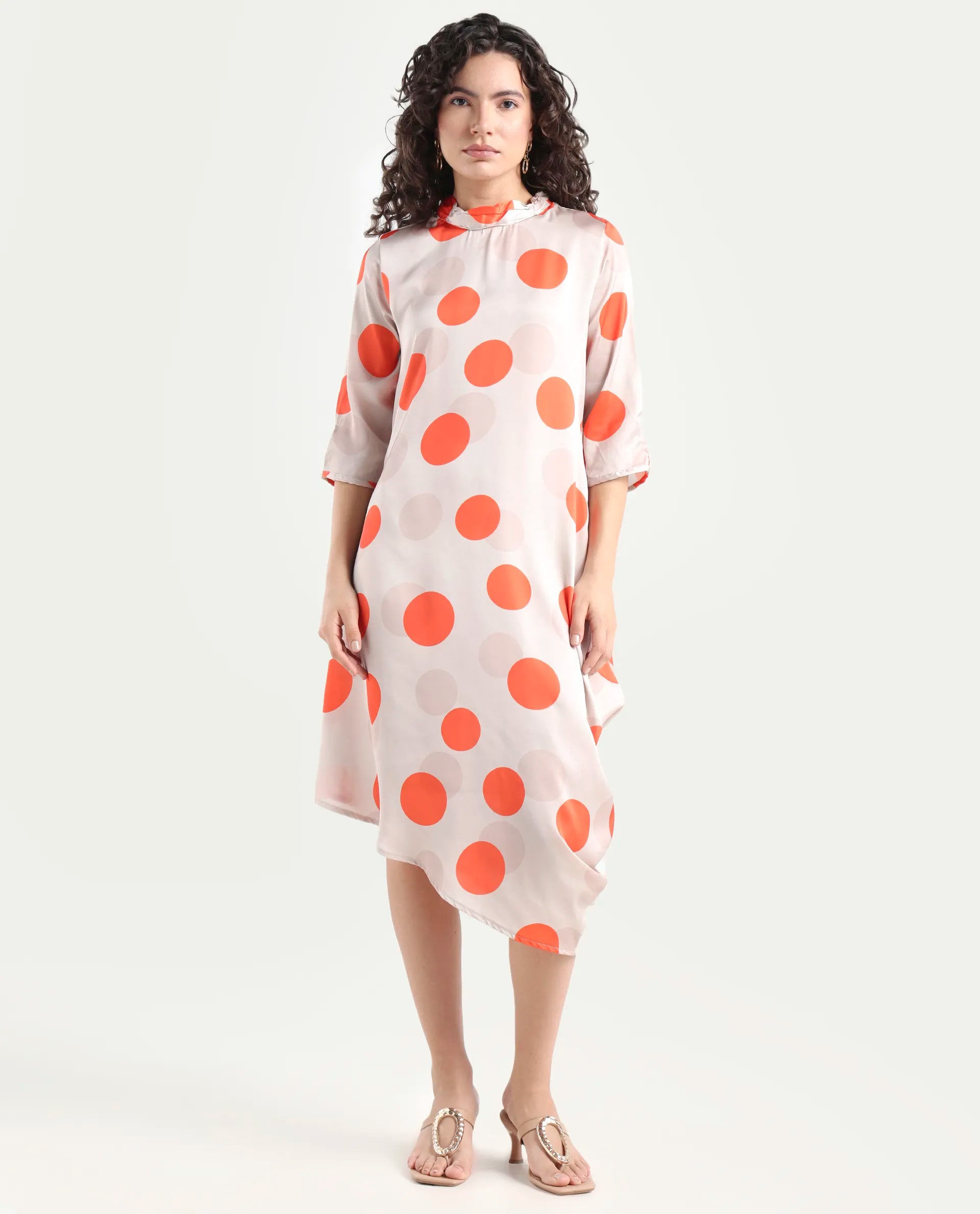 Rareism Women's Nia Light Beige Polyester High Neck Polka Print Midi Relaxed Fit Dress