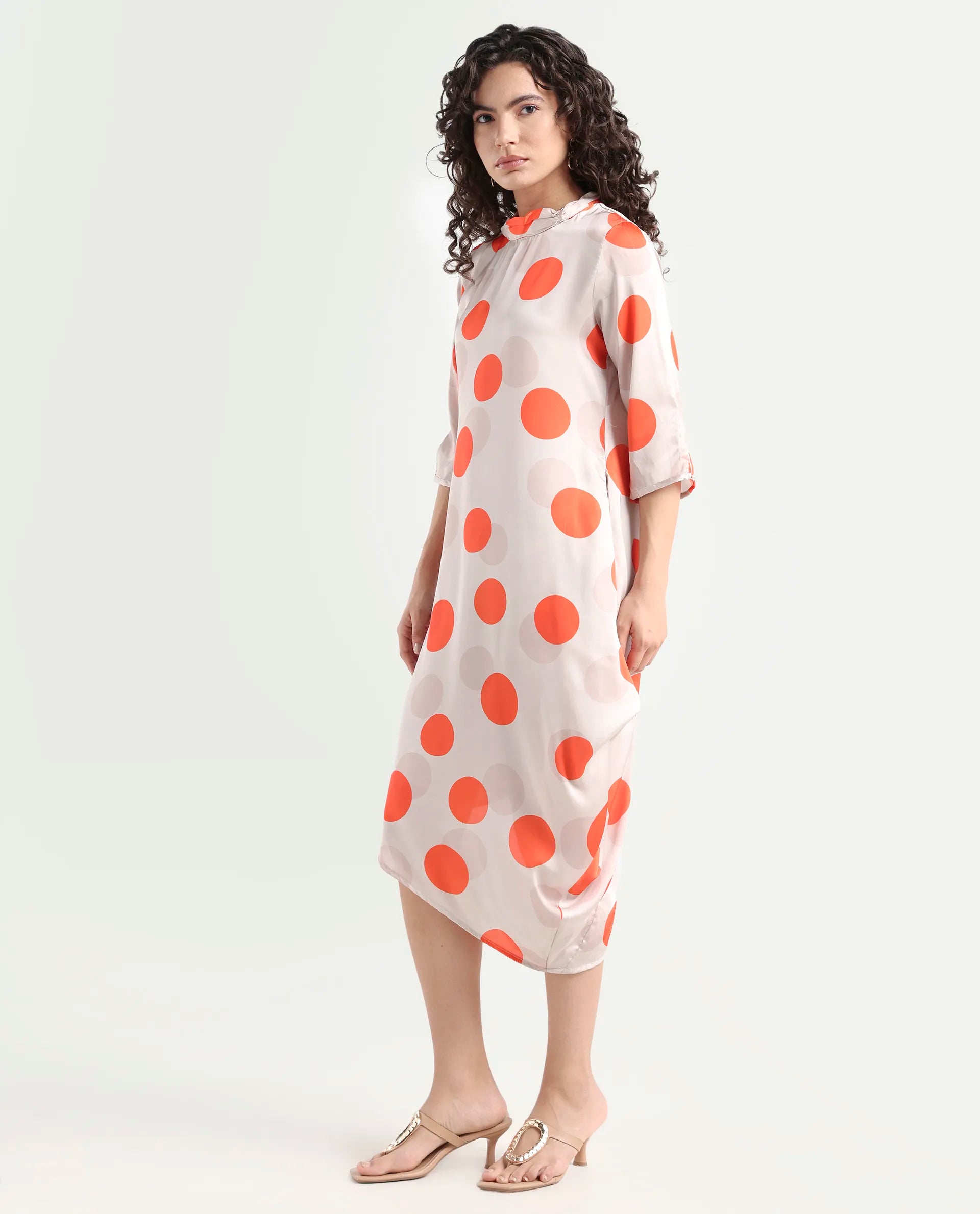 Rareism Women's Nia Light Beige Polyester High Neck Polka Print Midi Relaxed Fit Dress