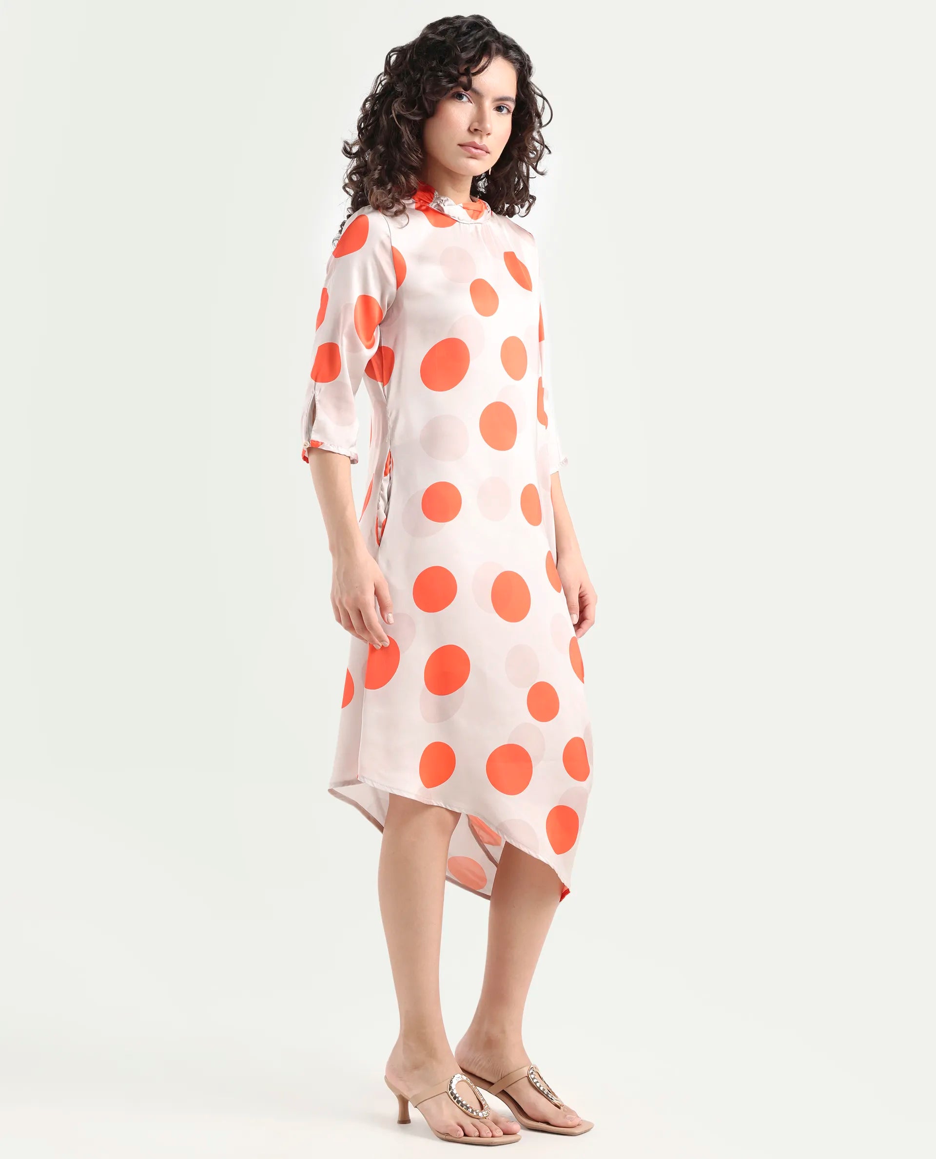 Rareism Women's Nia Light Beige Polyester High Neck Polka Print Midi Relaxed Fit Dress