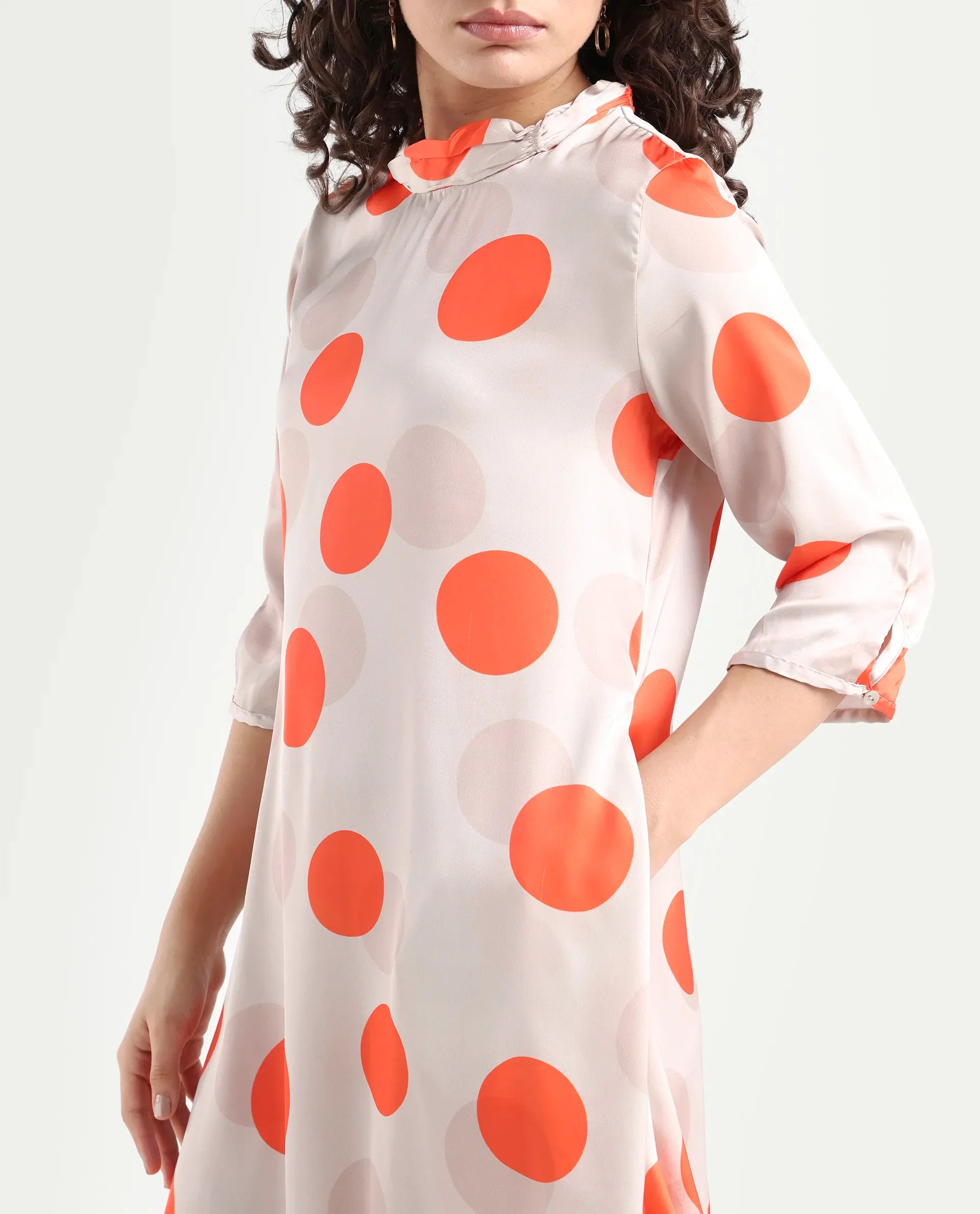 Rareism Women's Nia Light Beige Polyester High Neck Polka Print Midi Relaxed Fit Dress