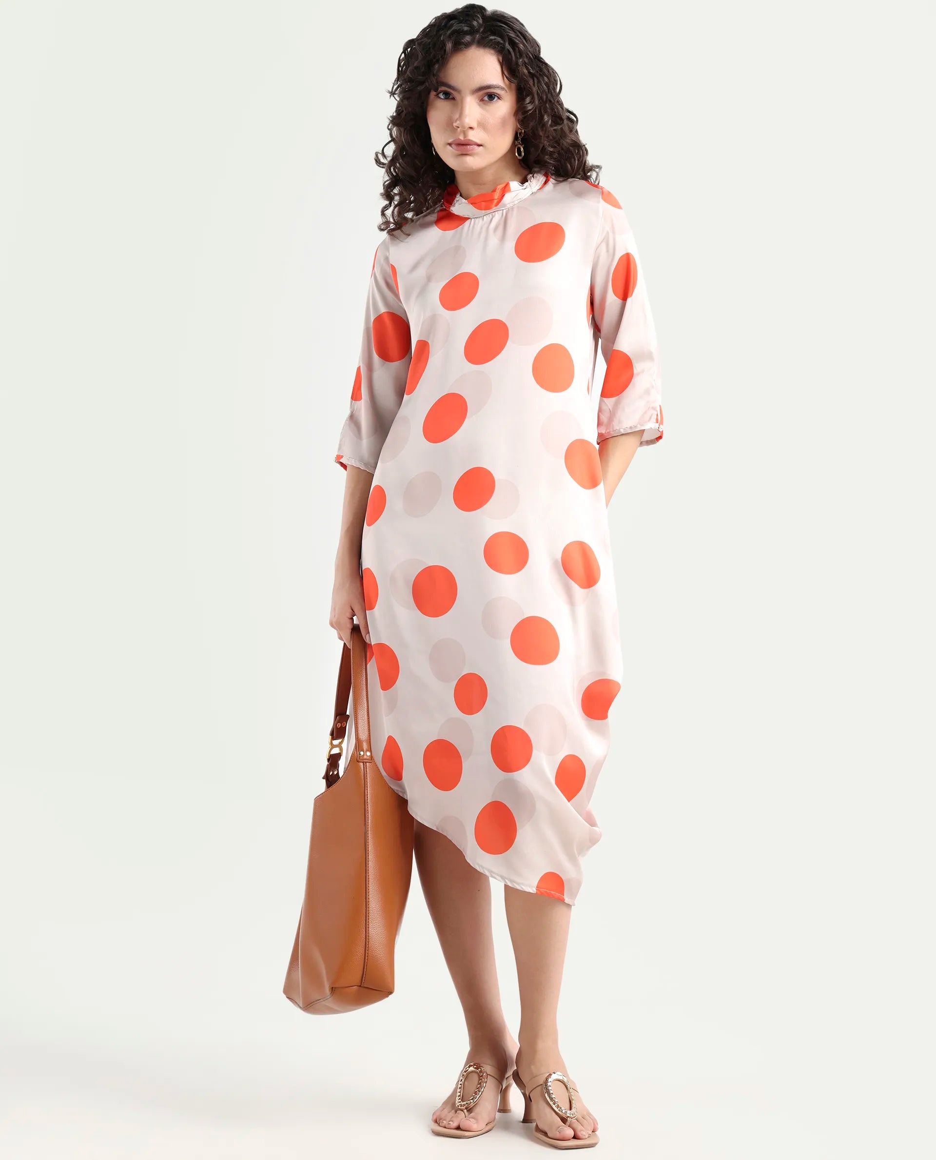 Rareism Women's Nia Light Beige Polyester High Neck Polka Print Midi Relaxed Fit Dress