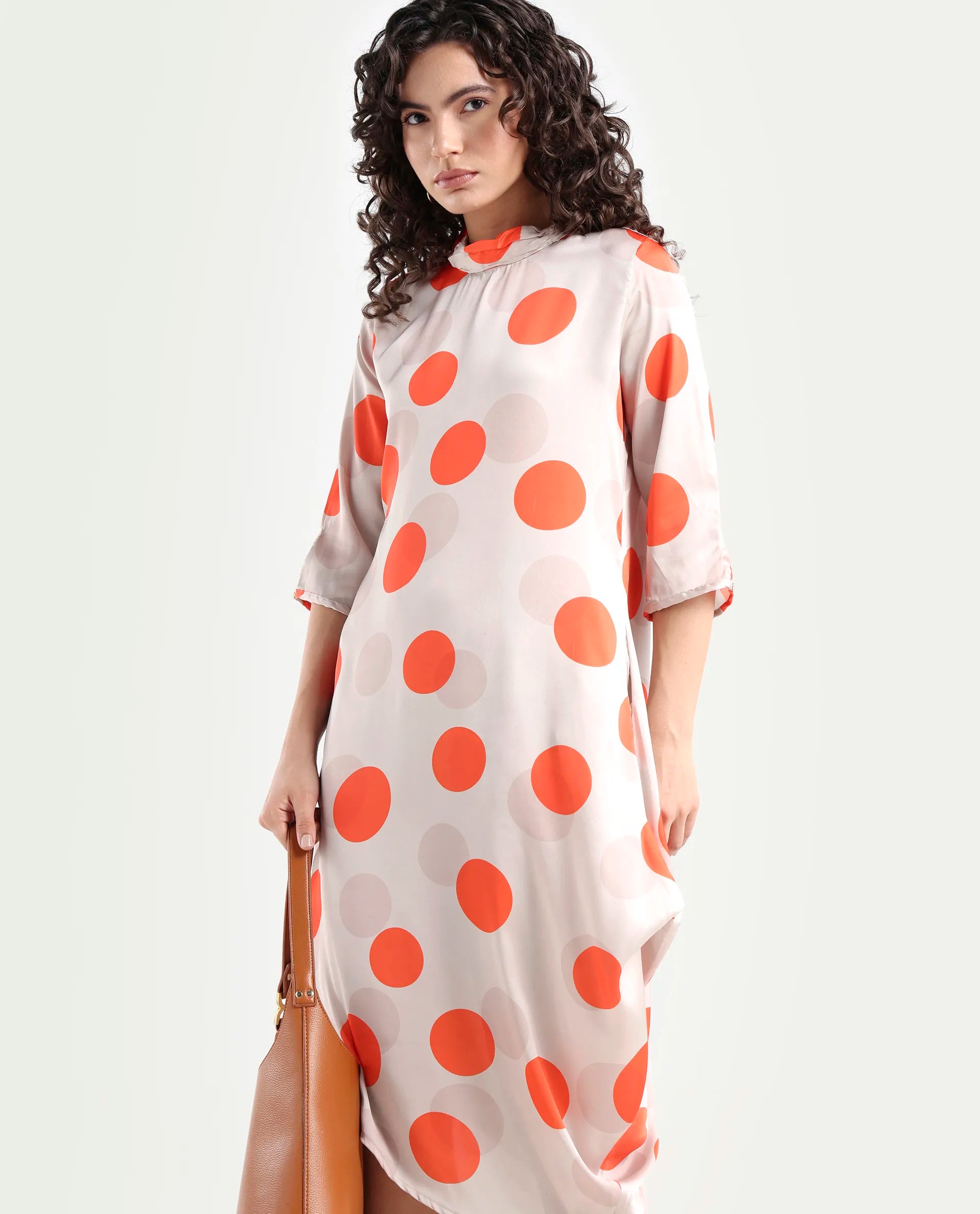 Rareism Women's Nia Light Beige Polyester High Neck Polka Print Midi Relaxed Fit Dress