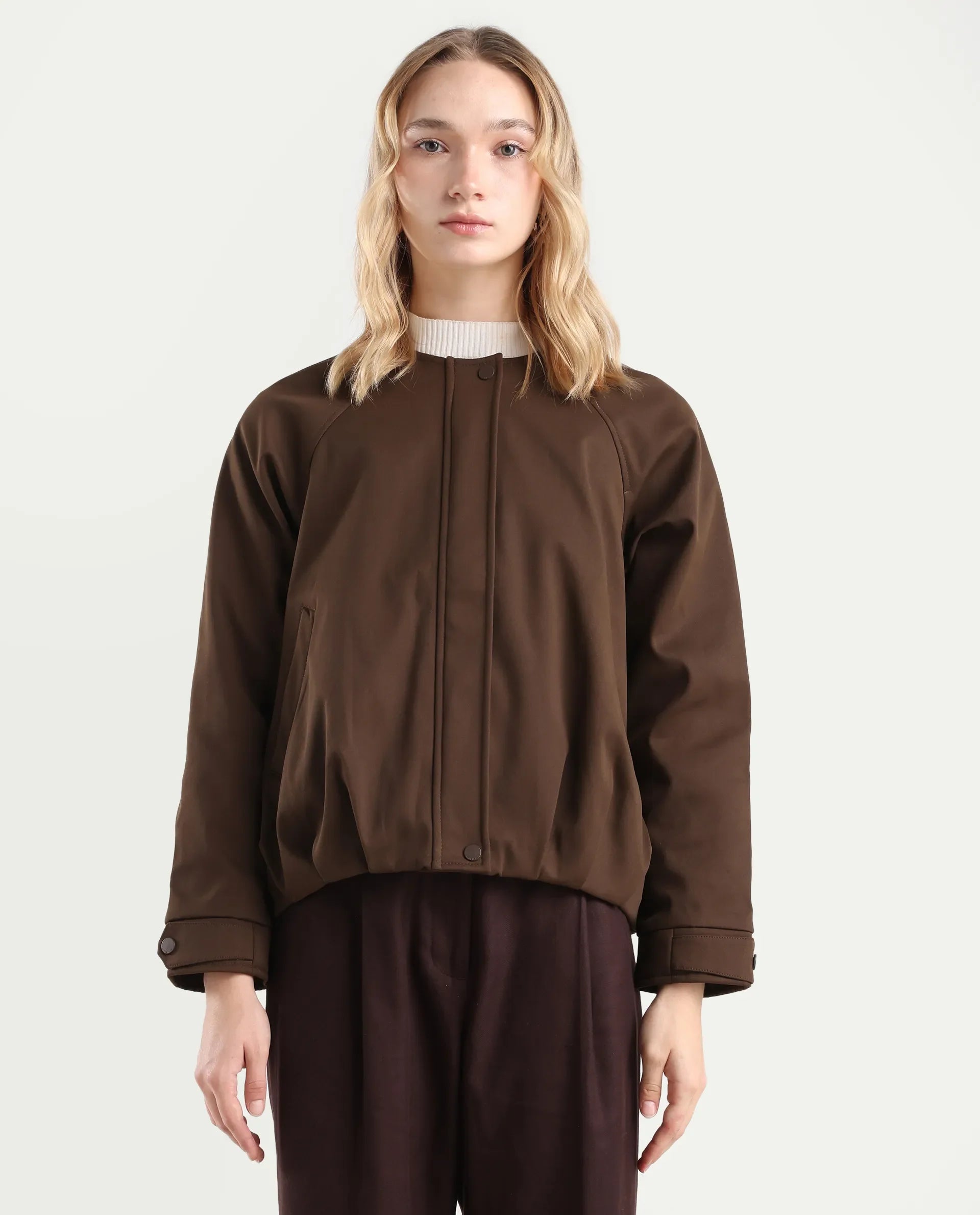 Rareism Women's Nira Coffee Polyester Crew Neck Relaxed Fit Jacket